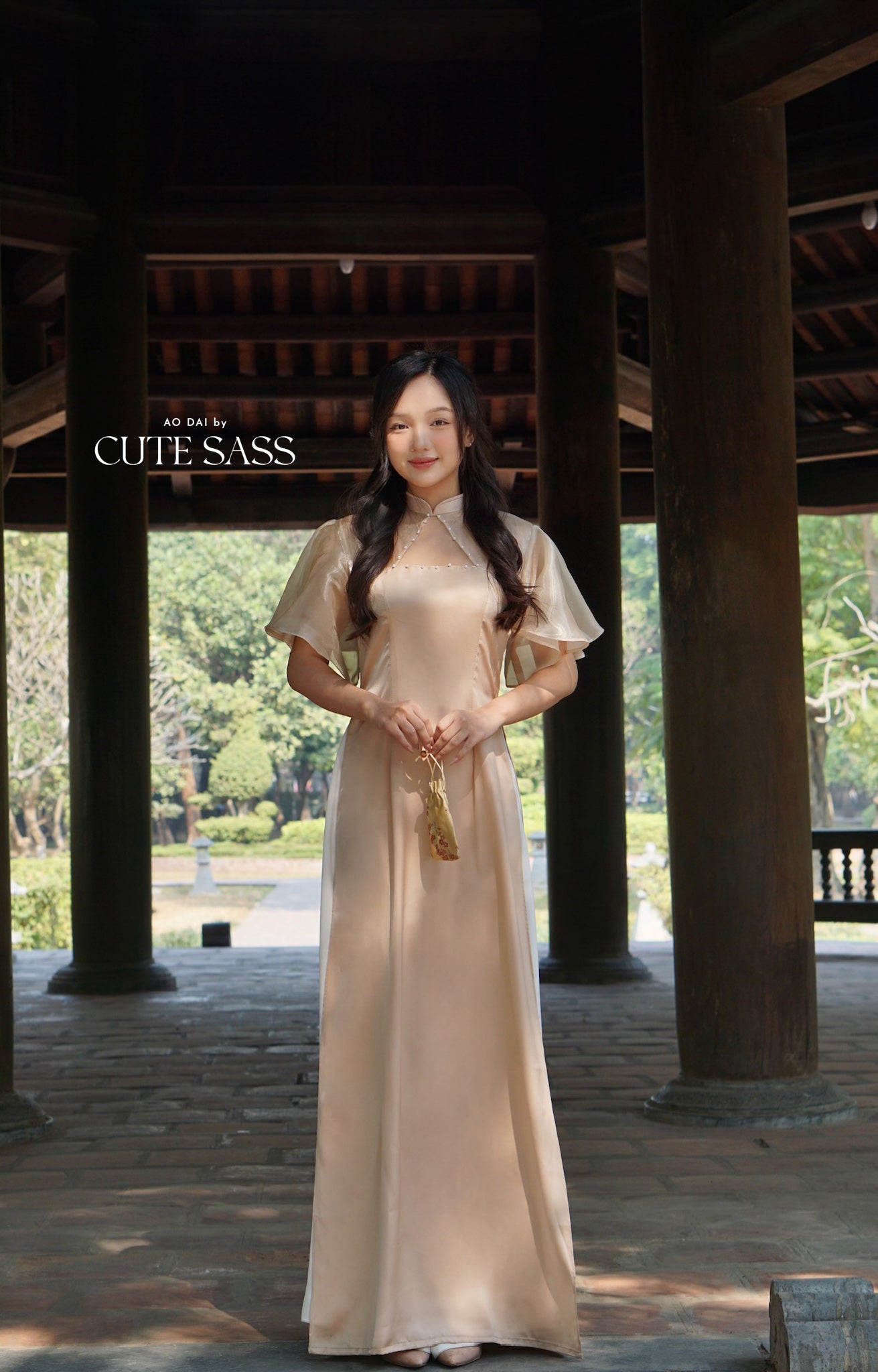 Tan Mesh Pearl Neckline Wing Sleeves Ao Dai Top Only (NO PANTS) 10C