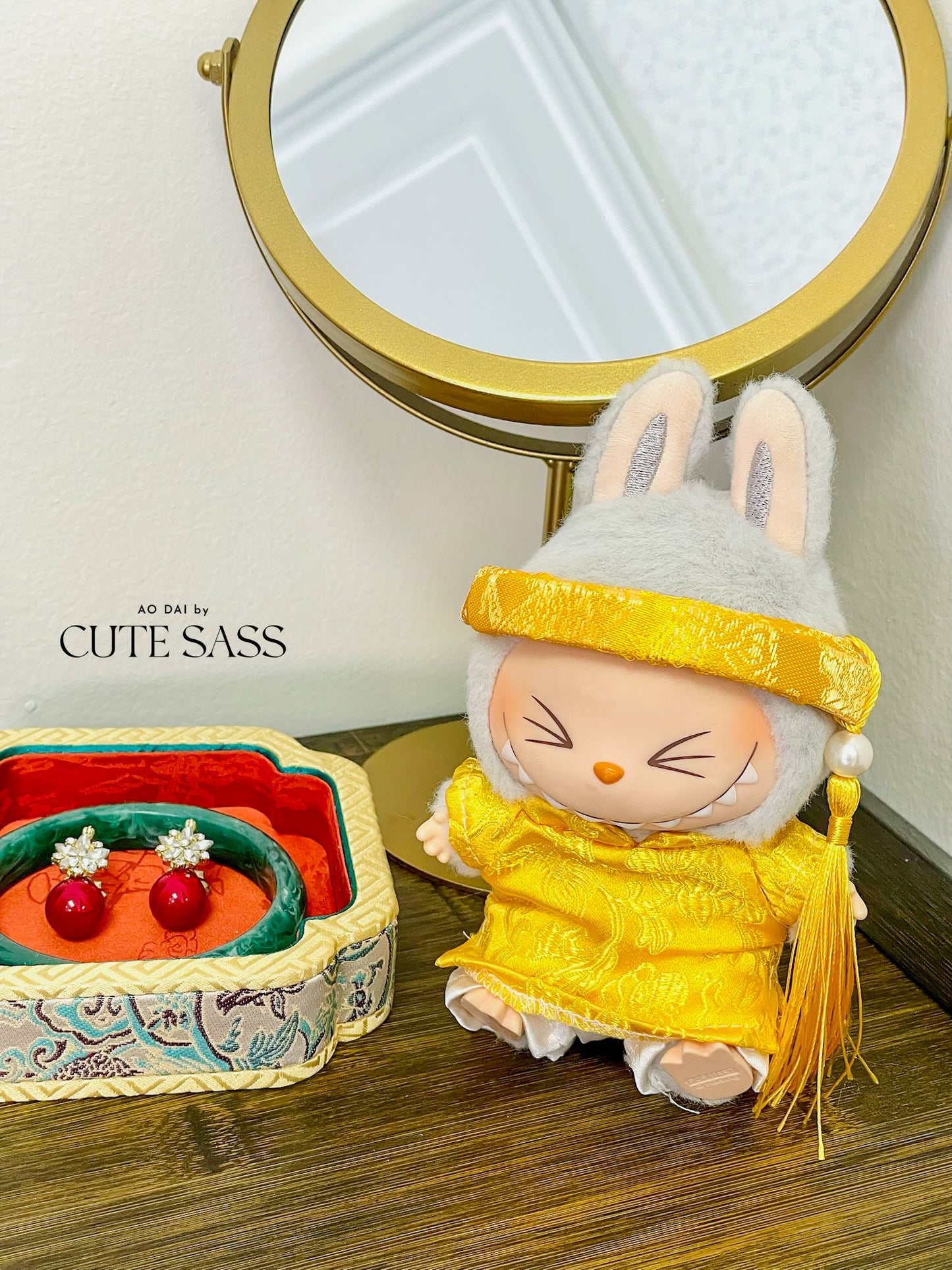 Yellow Gam Vietnamese Ao Dai Set for Labubu – Includes Pants & Headband (Doll Not Included)