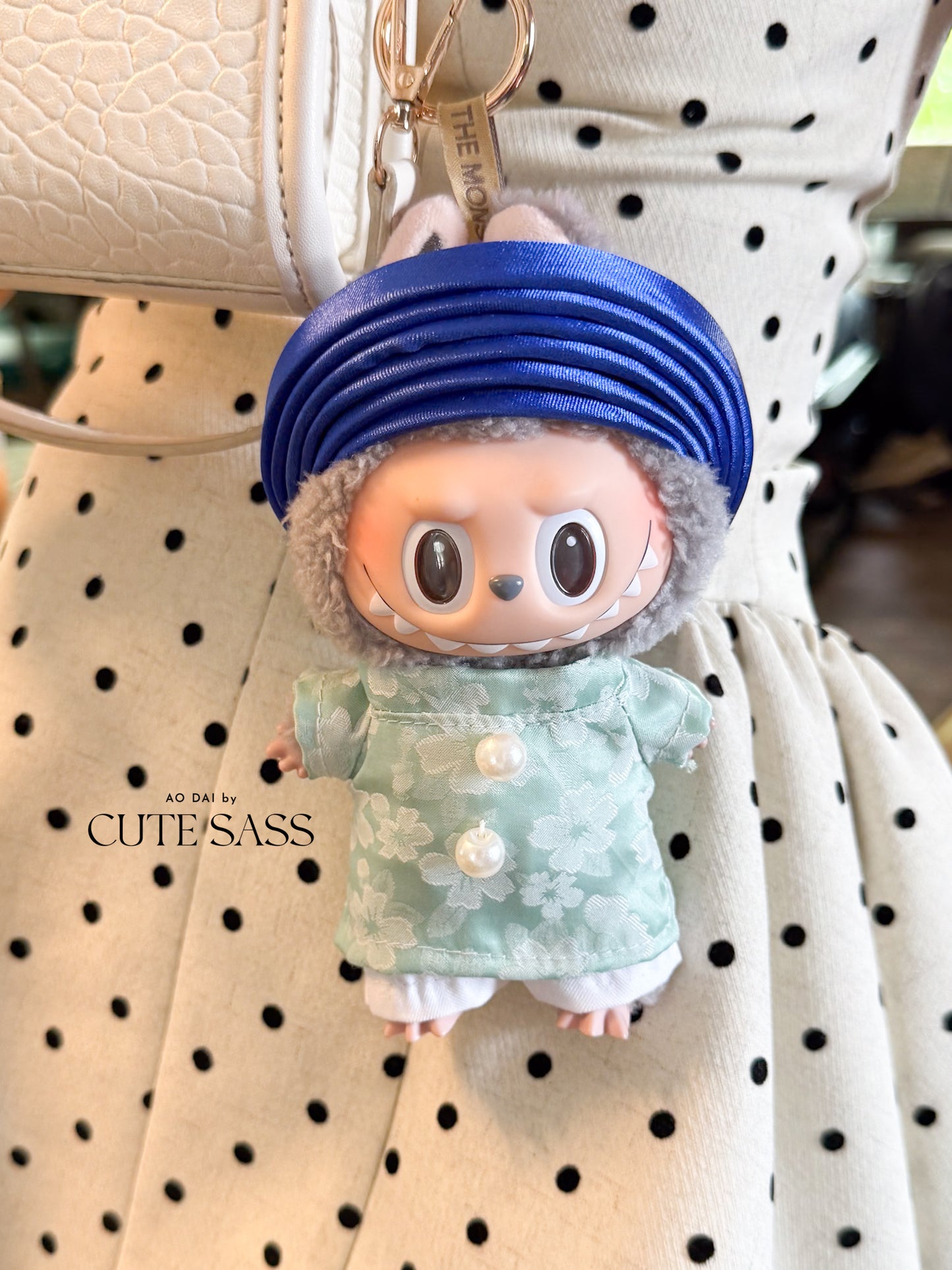 Cyan Vietnamese Ao Dai Set for Labubu – Includes Pants & Blue Khan Dong (Doll Not Included)