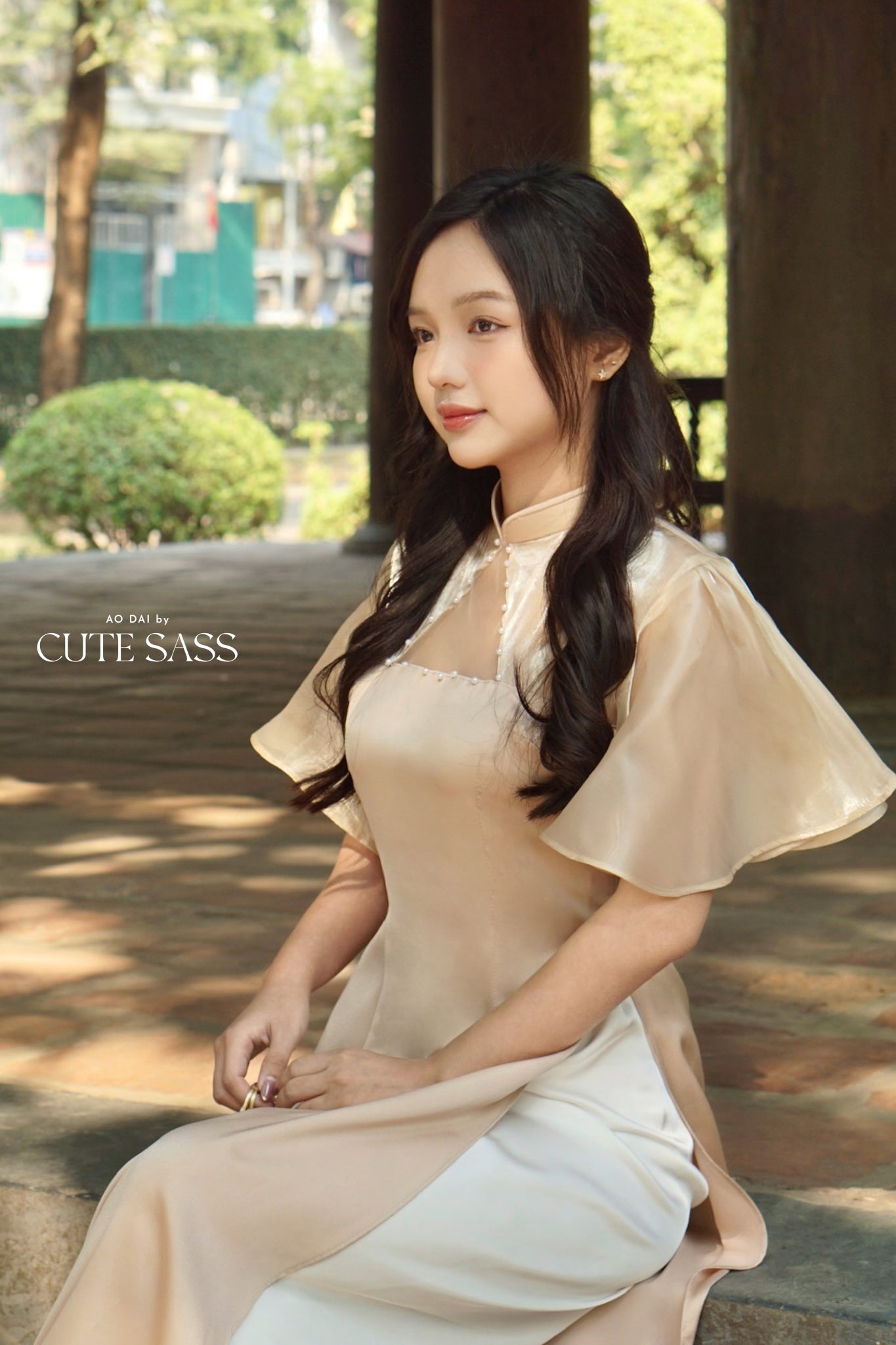 Tan Mesh Pearl Neckline Wing Sleeves Ao Dai Top Only (NO PANTS) 10C