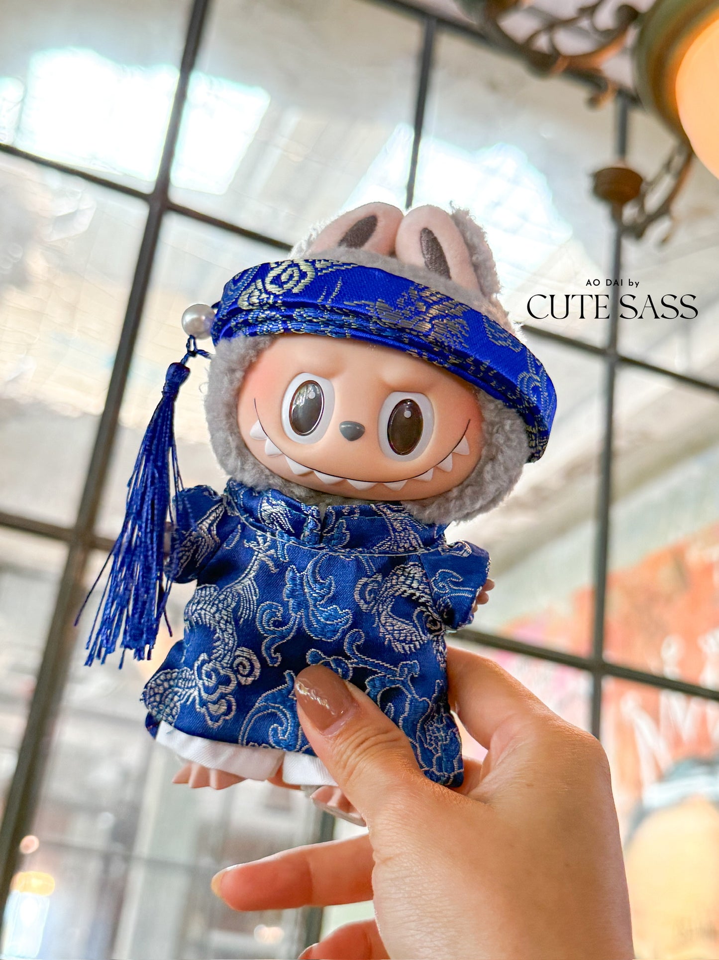 Blue Gam Vietnamese Ao Dai Set for Labubu – Includes Pants & Headband (Doll Not Included)
