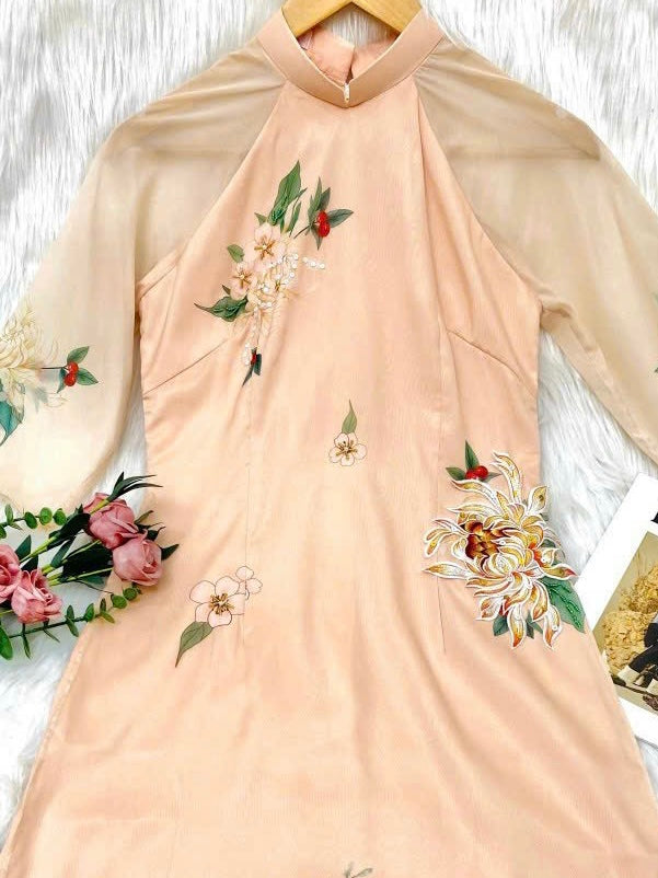 Pastel Chrysanthemum Ao Dai Set (Orange Pants)