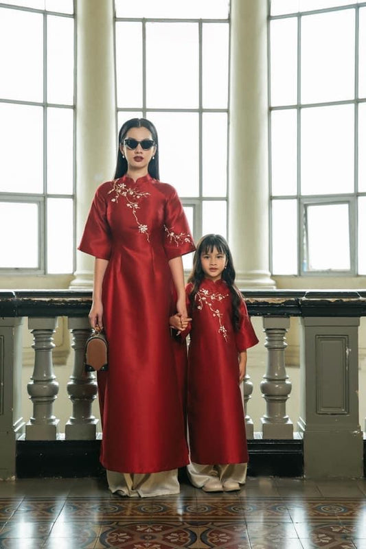 Mom and Daughter Red Ribbons Matching Ao Dai Set 31D