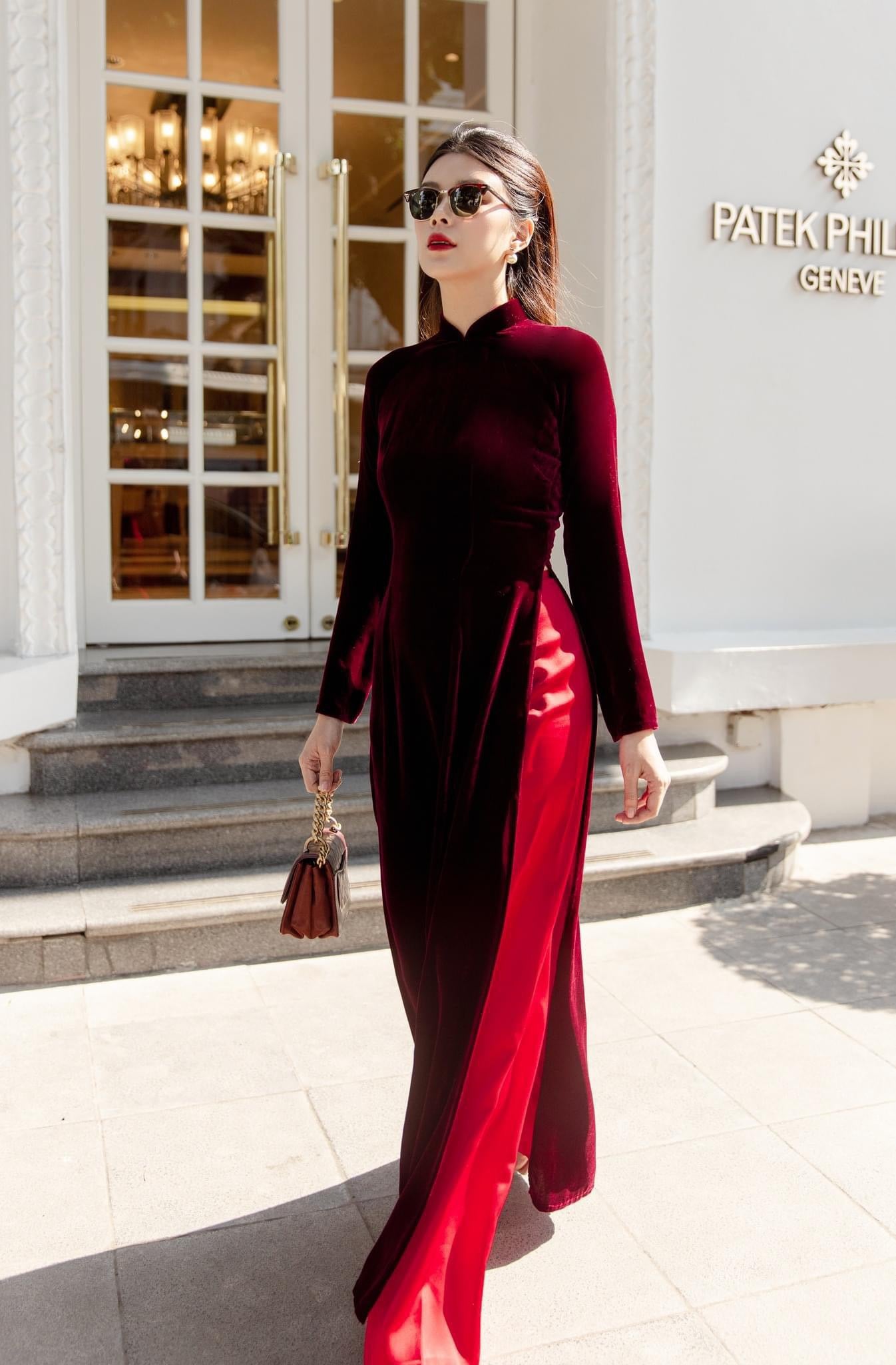 Champagne Red Velvet Plain Ao Dai Top Only, NO PANTS