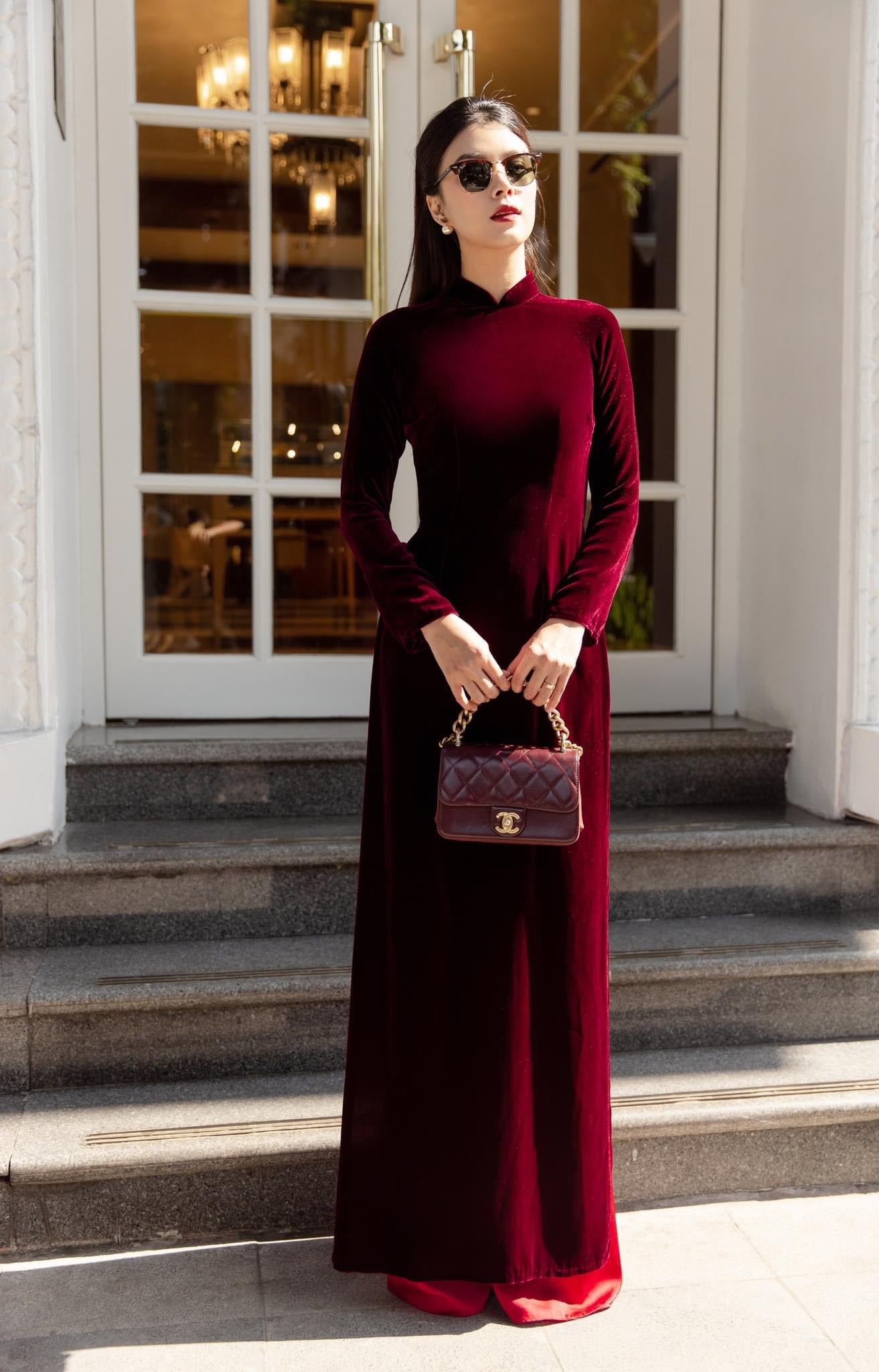 Champagne Red Velvet Plain Ao Dai Top Only, NO PANTS 46E Ao Dai by Cute Sass Champagne Red Velvet Plain Ao Dai Top Only, NO PANTS 46E Ao Dai by Cute Sass