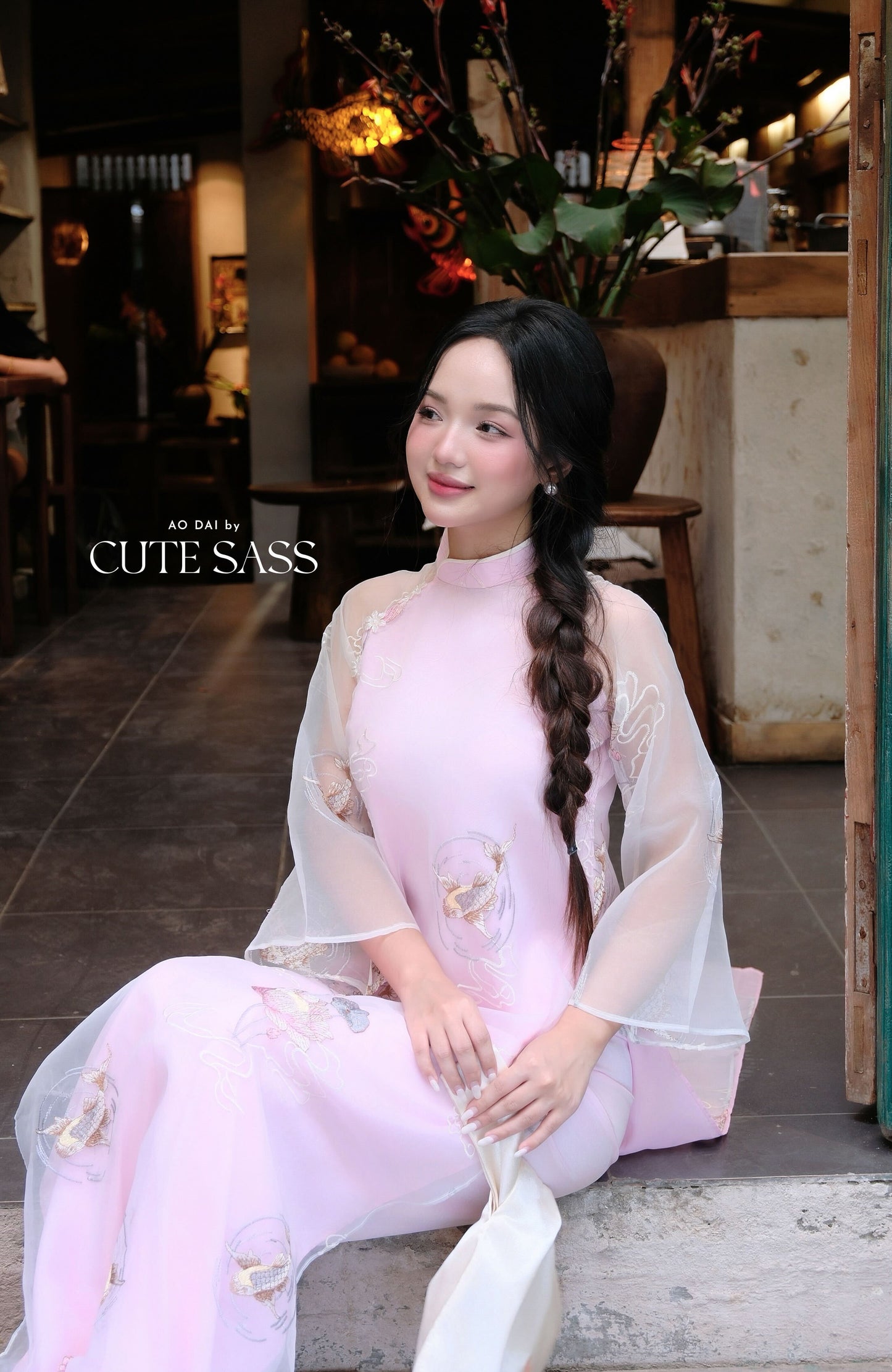 Lâm Anh - Fleur Pink Asymmetrical High Collar Embroidery Lotus Koi Chiffon Ao Dai Top Only, NO PANTS