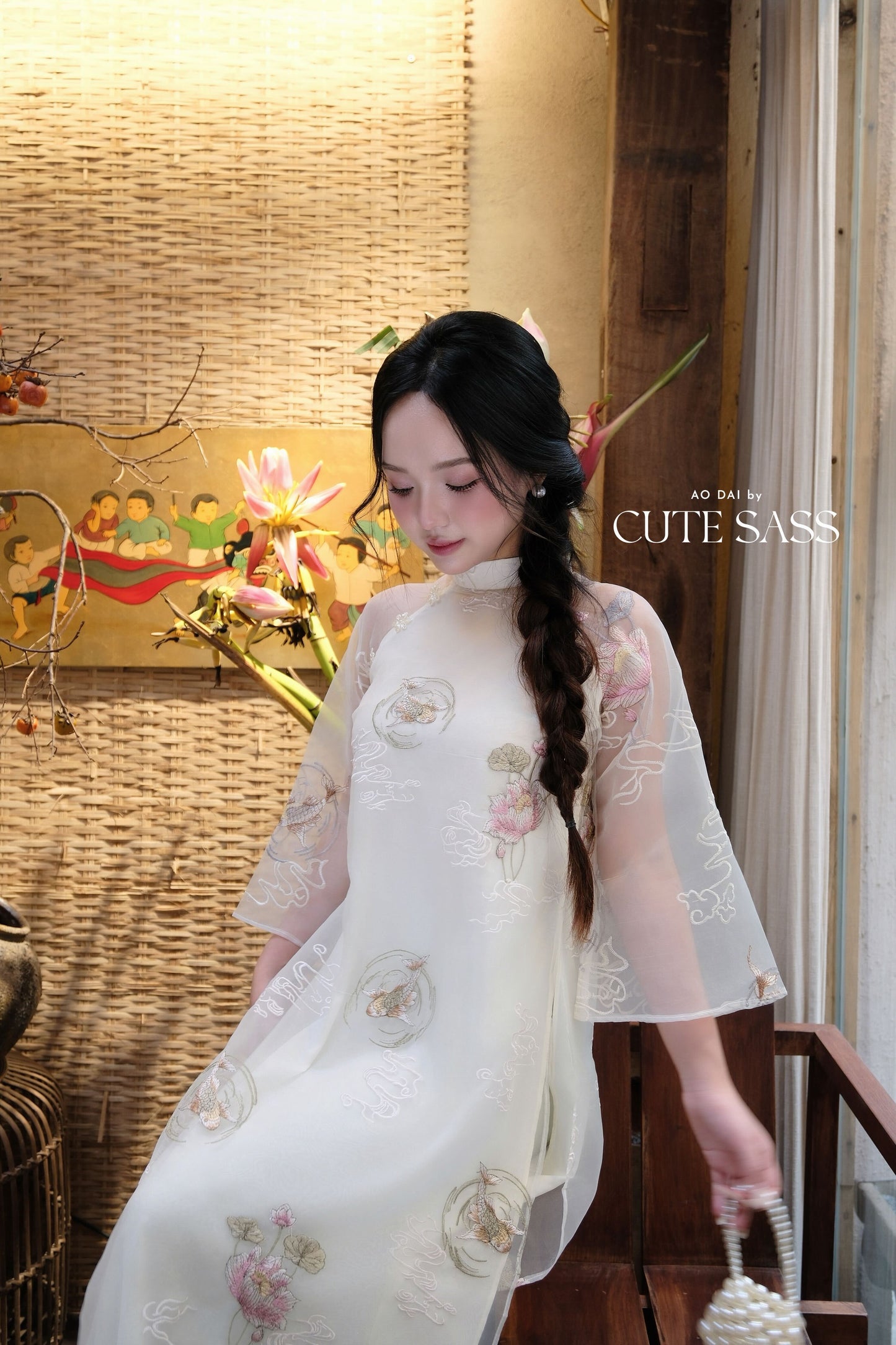 Lâm Anh - Fleur Cream Asymmetrical High Collar Embroidery Lotus Koi Chiffon Ao Dai Top Only, NO PANTS