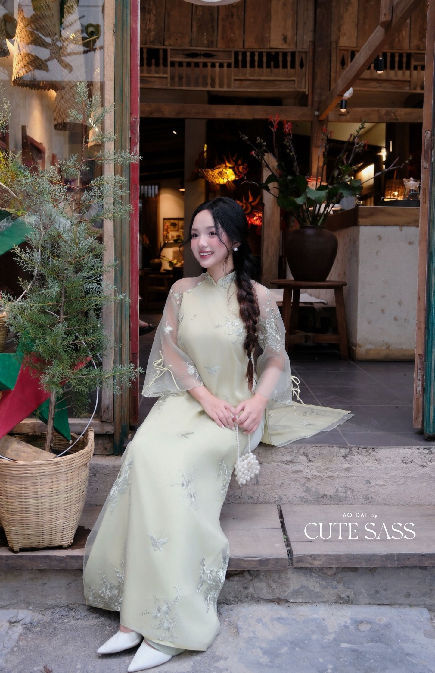 Lâm Anh - Rosette Light Green High Collar Embroidery Chrysanthemum Bow Sleeves Pearls Ao Dai Top Only, NO PANTS