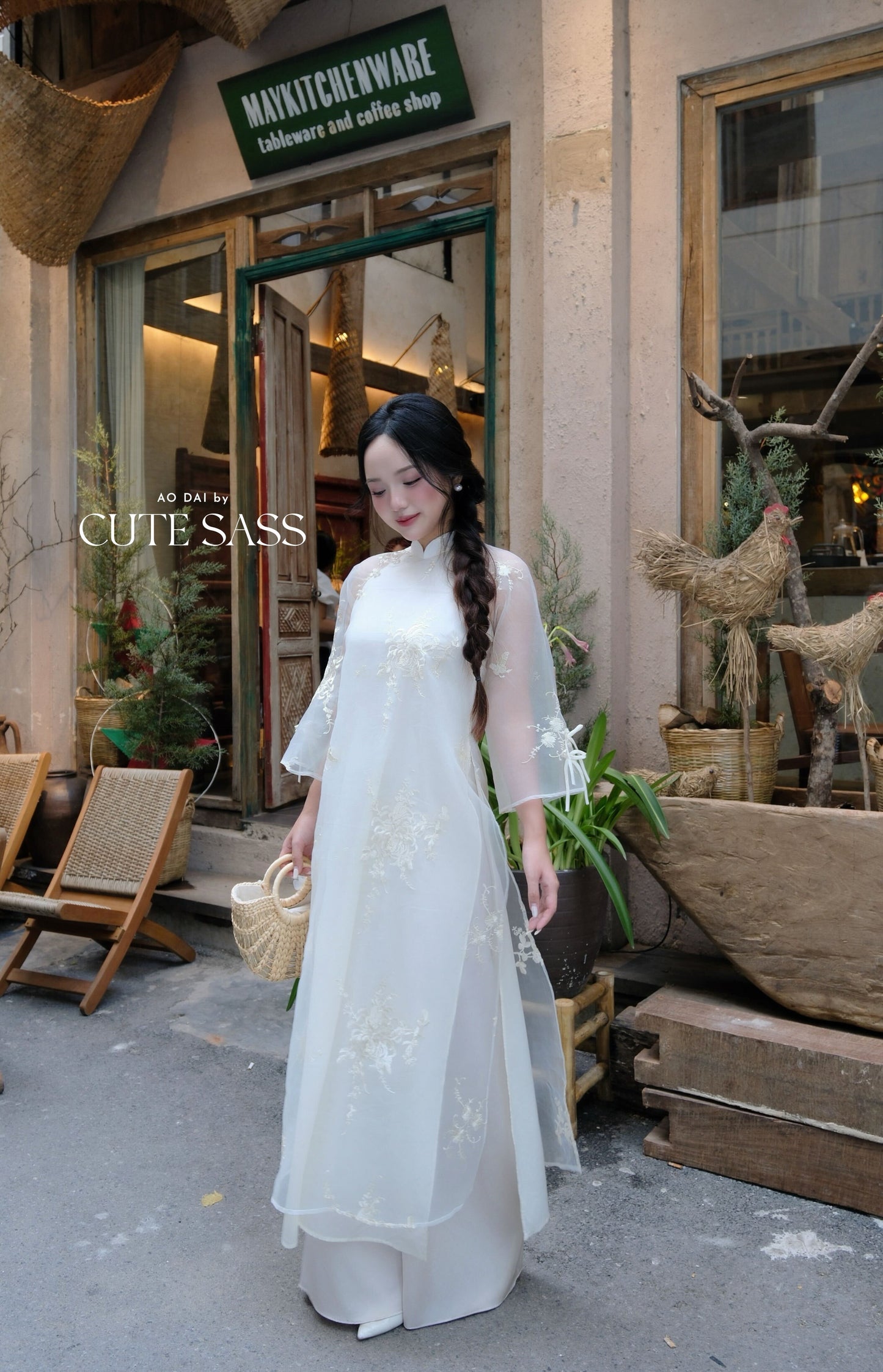 Lâm Anh - Rosette Cream High Collar Embroidery Chrysanthemum Bow Sleeves Pearls Ao Dai Top Only, NO PANTS