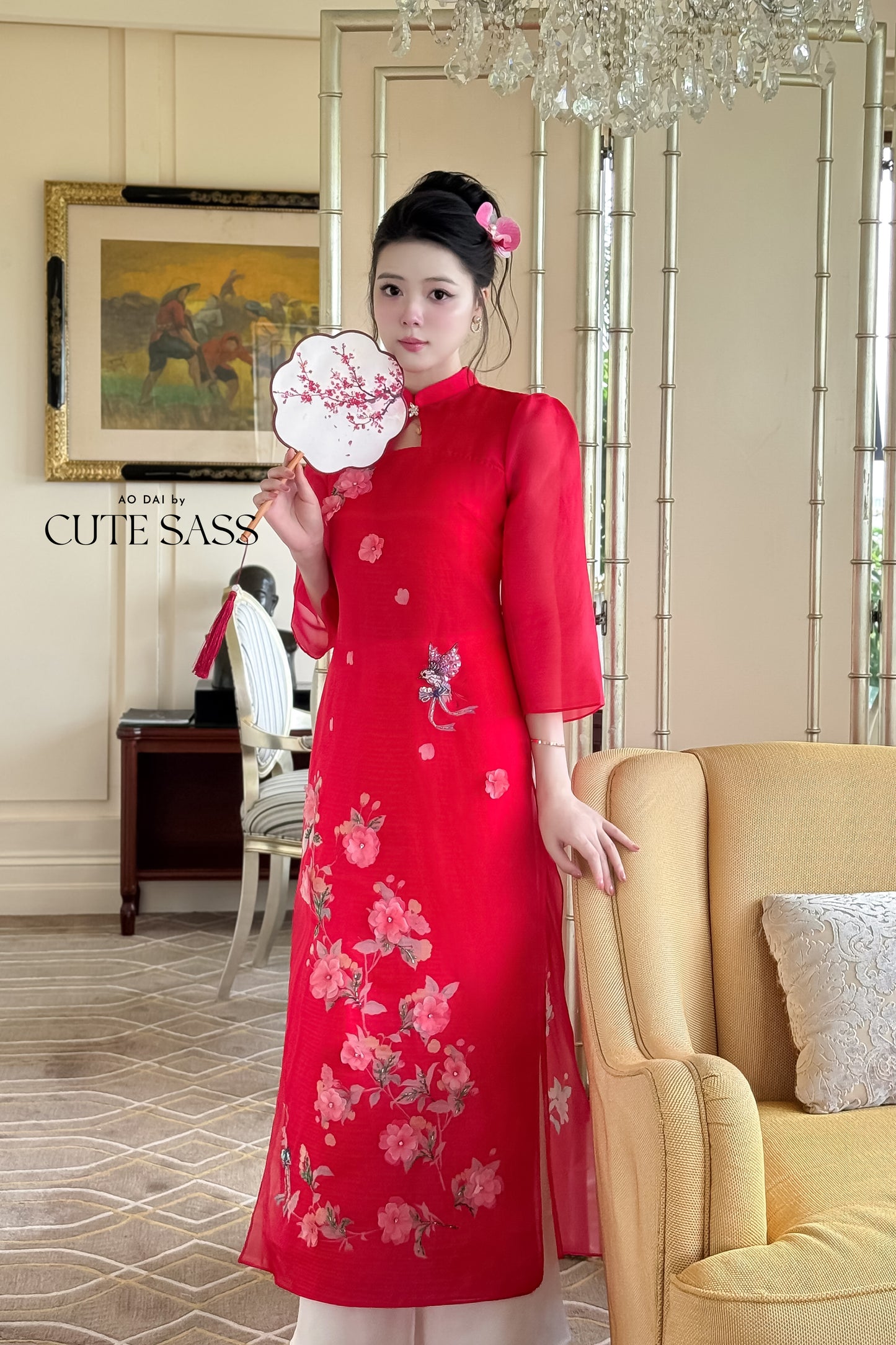 Red Cutout 3D Flowers Sparkle Ao Dai Set 28B