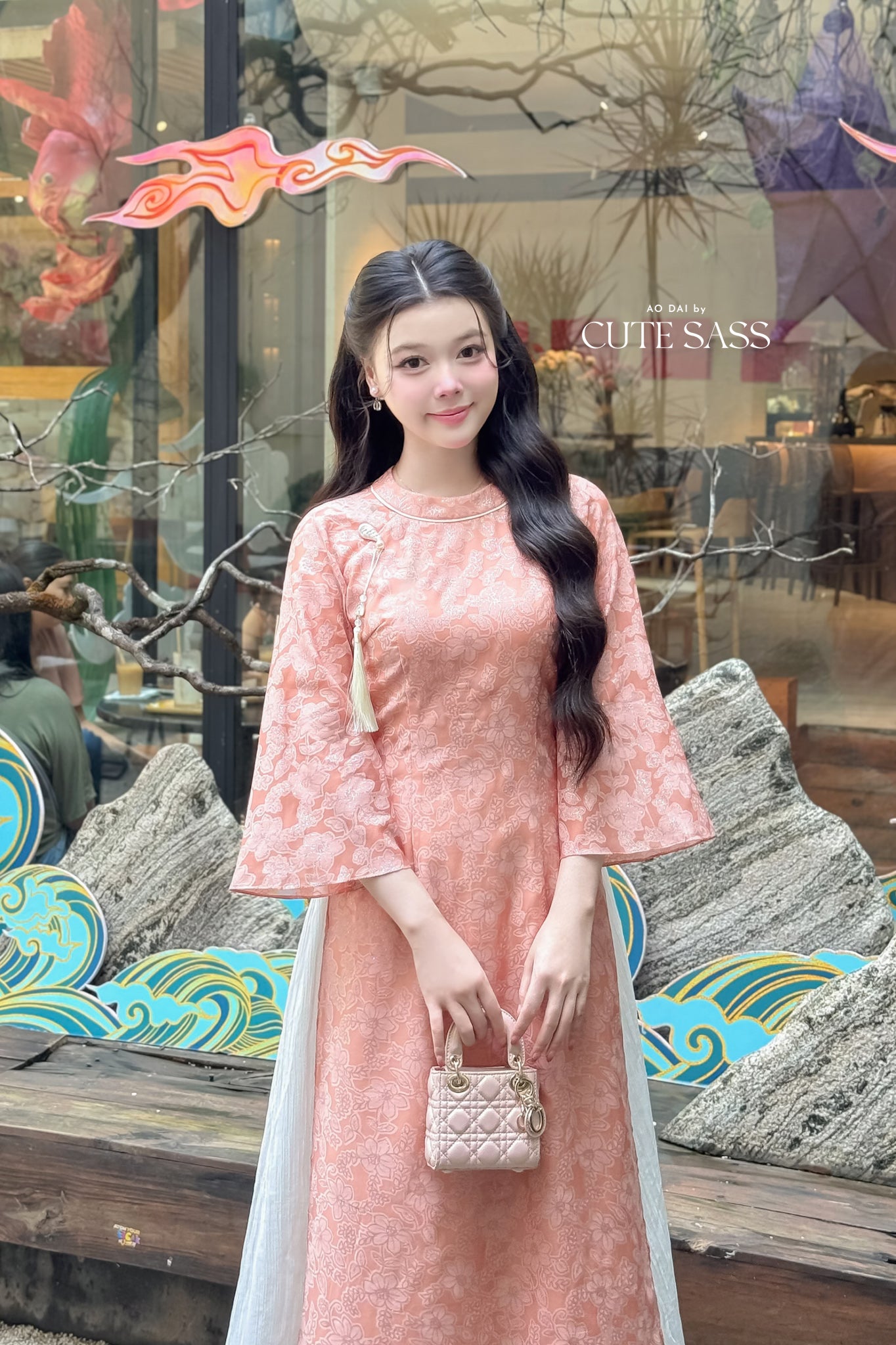 Nhu Mai - Peach/Coral Sparkle Ao Dai Set with Skirt 58E