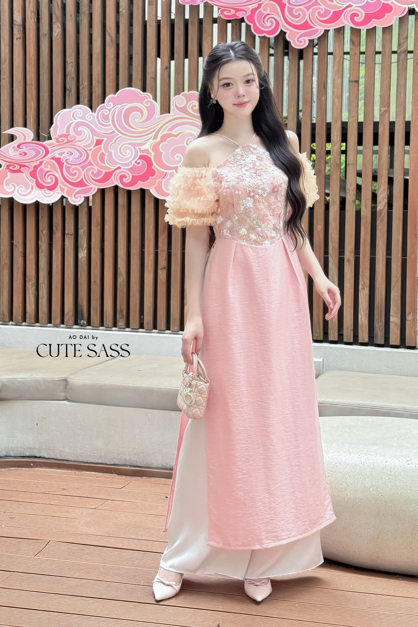 Nhu Mai - Pink Halter Off Shoulder Ruffle Dai Top Only, NO PANTS 33B