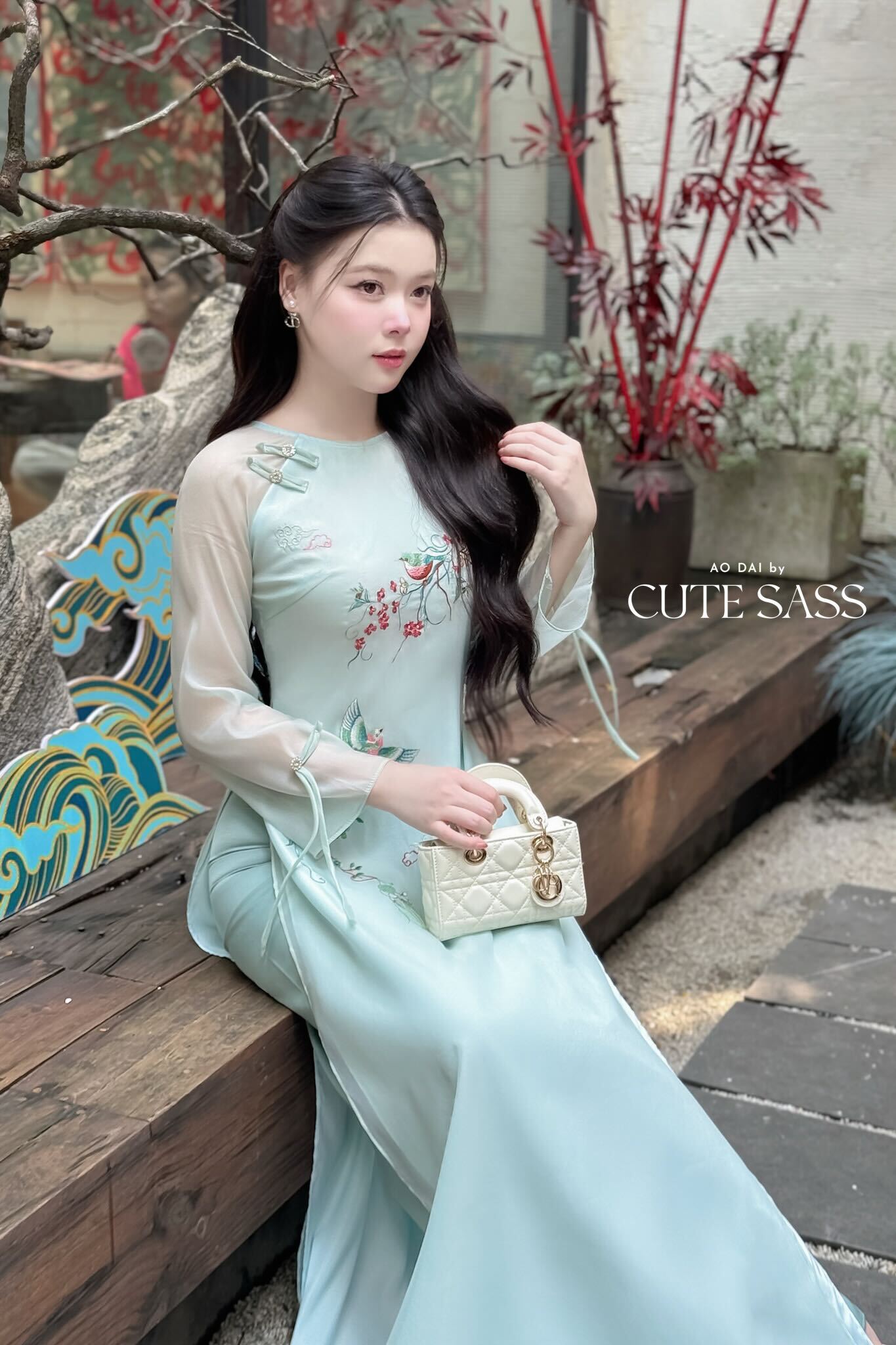 Nhu Mai - Blue Embroidery Branches Round Collar Ao Dai Set, 40C