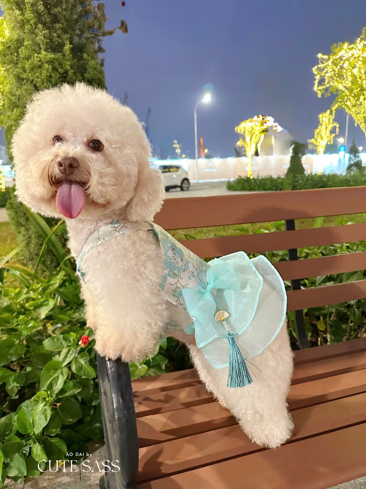 Pet Cyan and Gold Bows Yem-Inspired Halter Ao Dai 47C