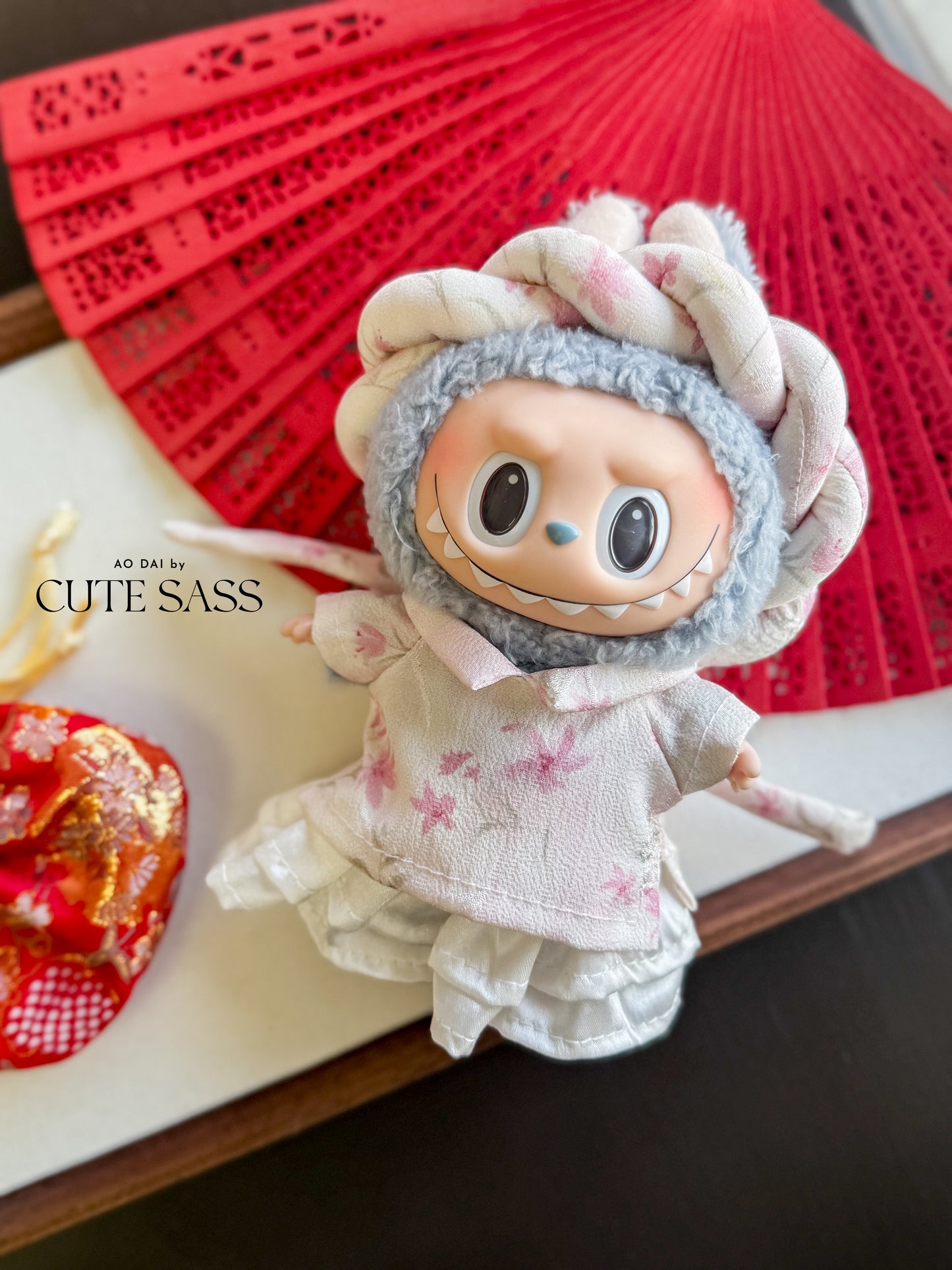 Pink Spring Enchant Vietnamese Ao Dai Set for Labubu – Includes Pants & Headband (Doll Not Included)