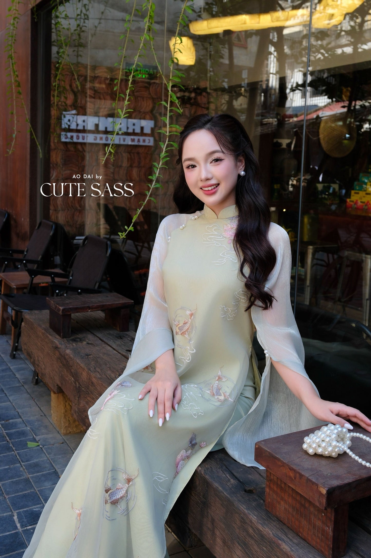Lâm Anh - Halo Light Green High Collar Embroidery Lotus Koi Slit Sleeves Pearls Ao Dai Top Only, NO PANTS