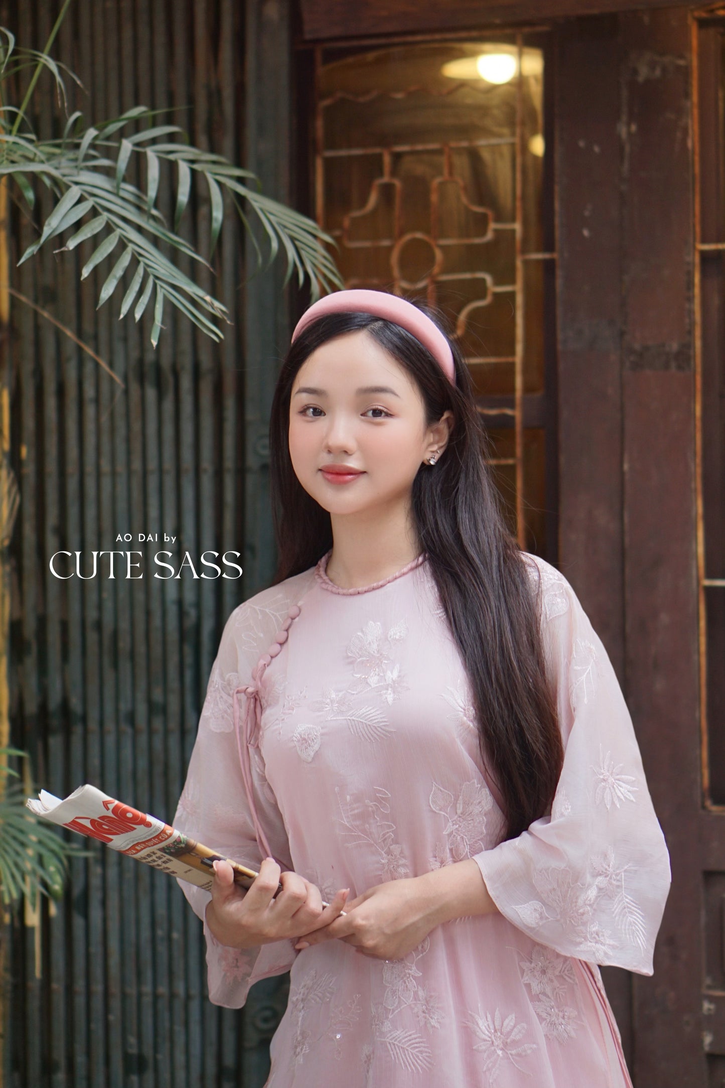 Yen - Pink Bloom Plait Braided Neckline Shifted Ao Dai Top Only, No Pants