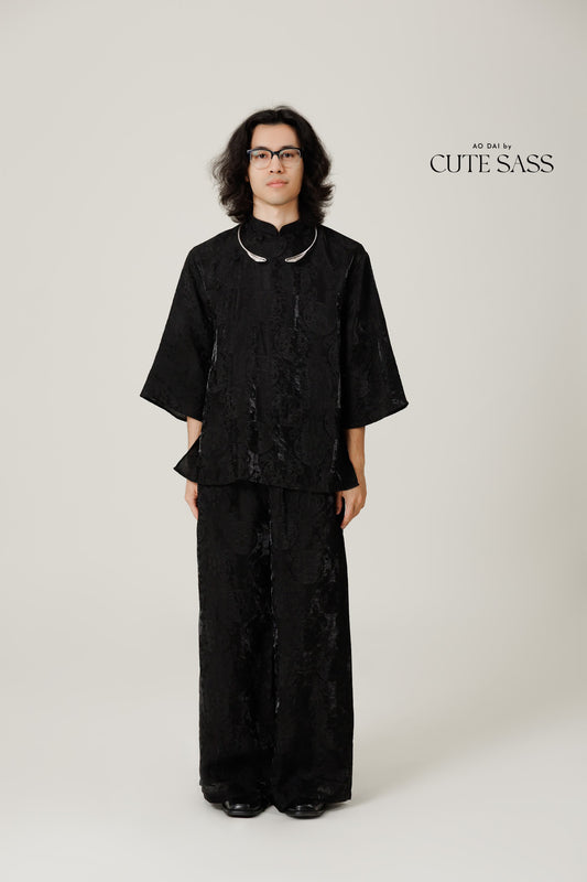 Vân - Gender Fluid Black High Collar Mid Sleeves Top, No Pants 57C