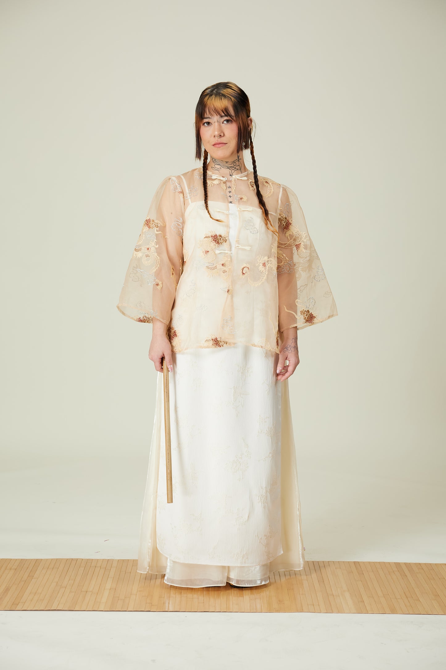 Vân - Gold and Maroon Dragon Embroidery Sheer Coat Top Only, No Pants