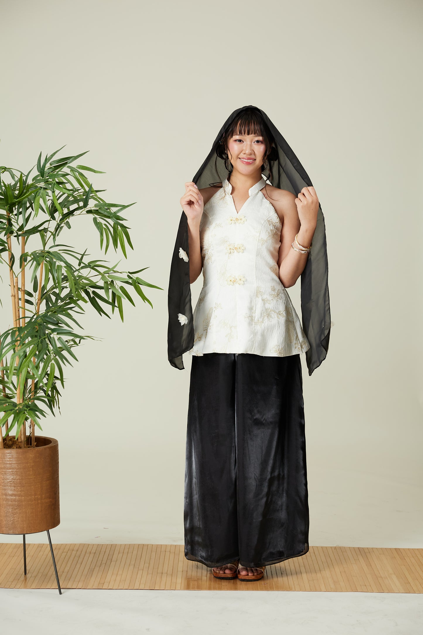 Vân - Lumen Cream and Gold Butterfly Embroidery Yem Inspired Top Only, No Pants