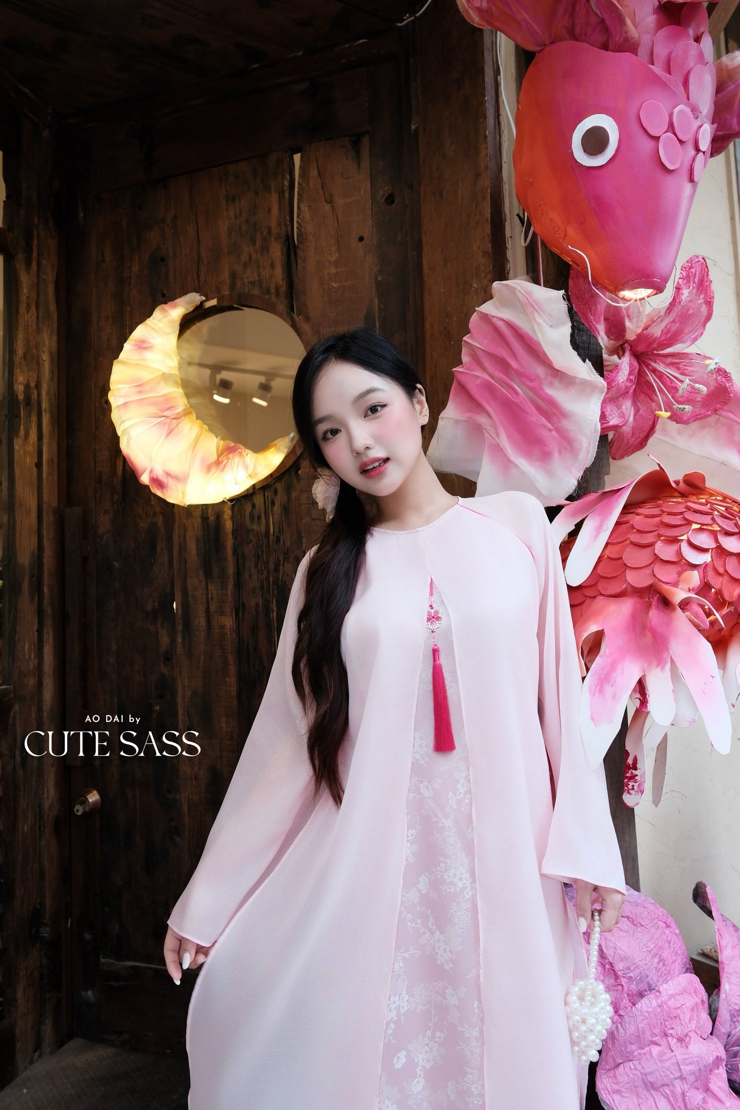 Mom and Daughter Pink Front-Slit with Tassel Ao Dai Set 1A