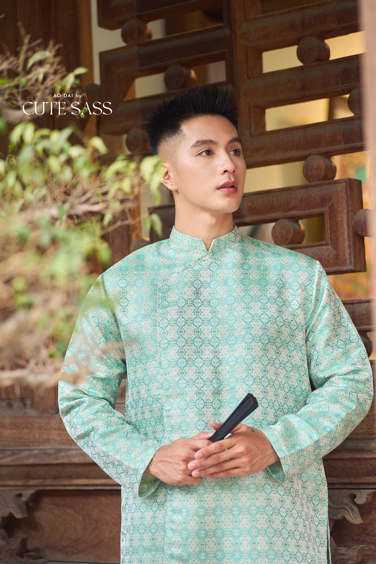 Men and Boy Mint Green Gam Square Ao Dai Top 63E