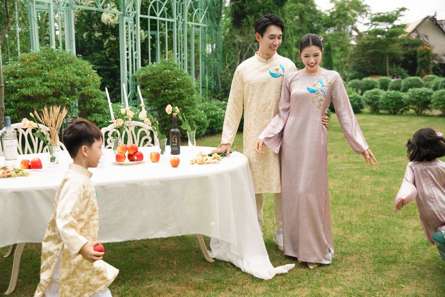 Gia Hòa - Family Pink/Cream Ribbon Phoenix Ao Dai Set