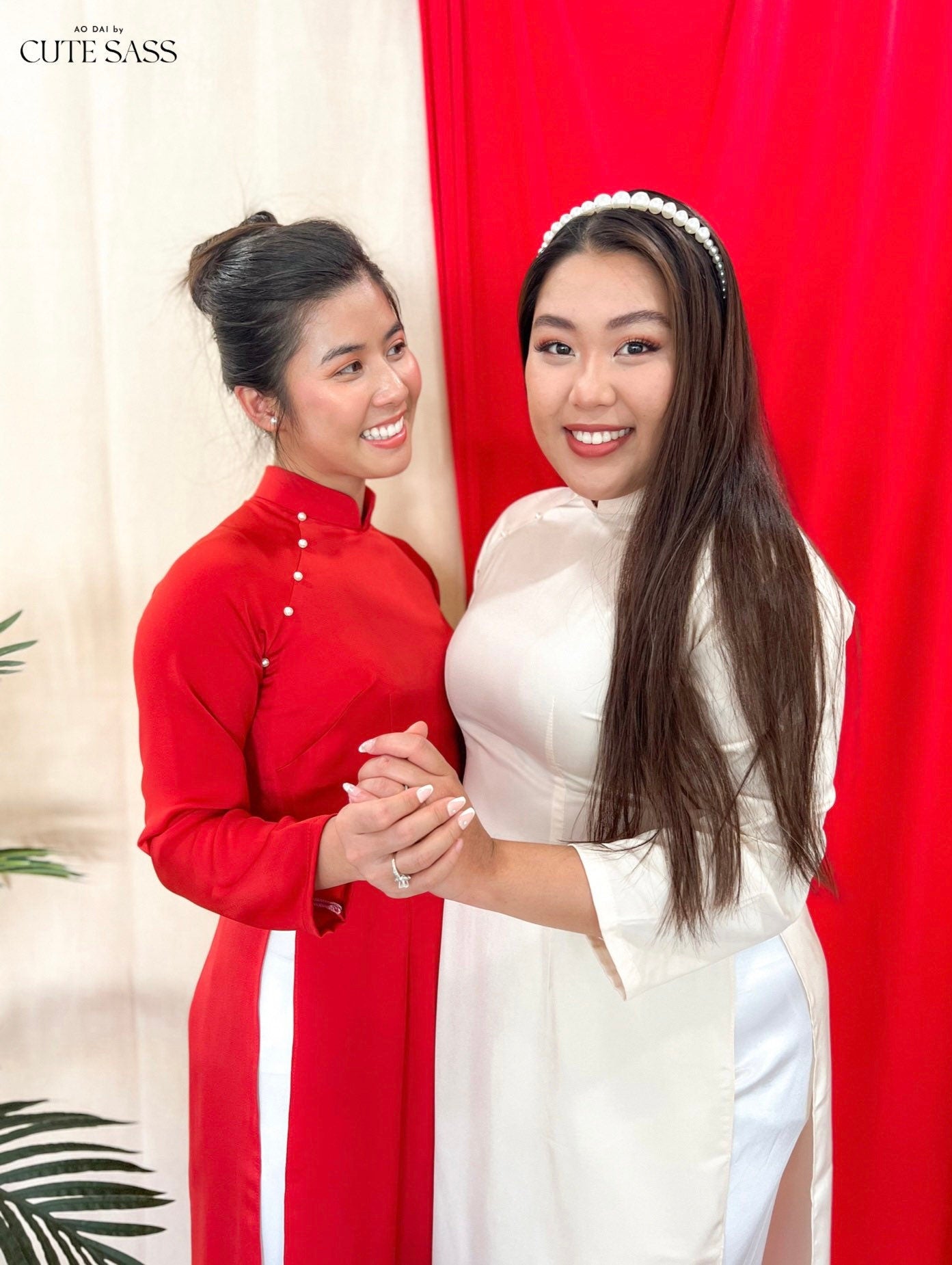 Red/Cream Ngoc Trai Silk Pearl Ao Dai Top Only, NO PANTS 32A AoDaibyCuteSass