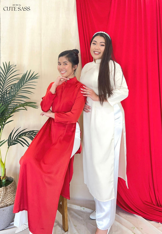 Red/Cream Ngoc Trai Silk Pearl Ao Dai Top Only, NO PANTS 32A AoDaibyCuteSass