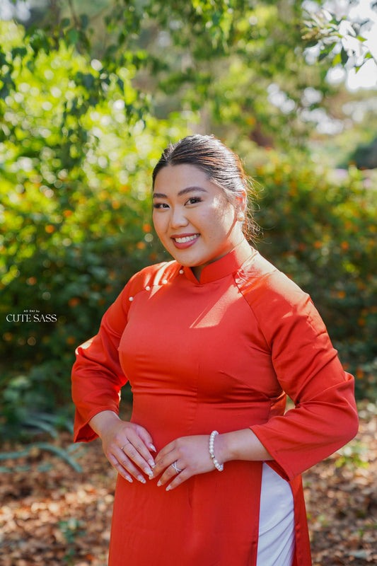Orange Red Ngoc Trai Silk Pearl Ao Dai Set 32A