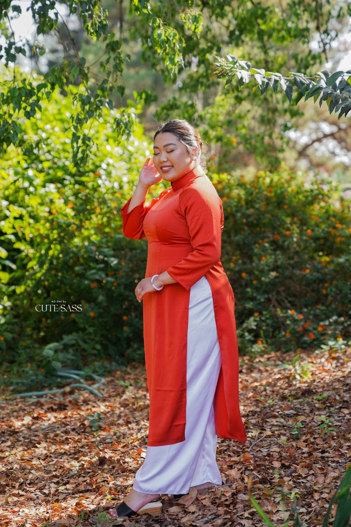 Orange Red Ngoc Trai Silk Pearl Ao Dai Set 32A