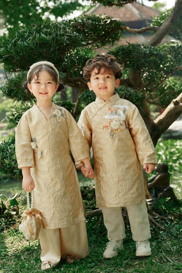 Family GOLD Gam Ao Dai Set (3/4 Sleeves)| Pre-made Traditional Vietnamese Ao Dai | Lunar New Year | Ao Dai for Girl, Mom, Dad, Boy | 11-14D