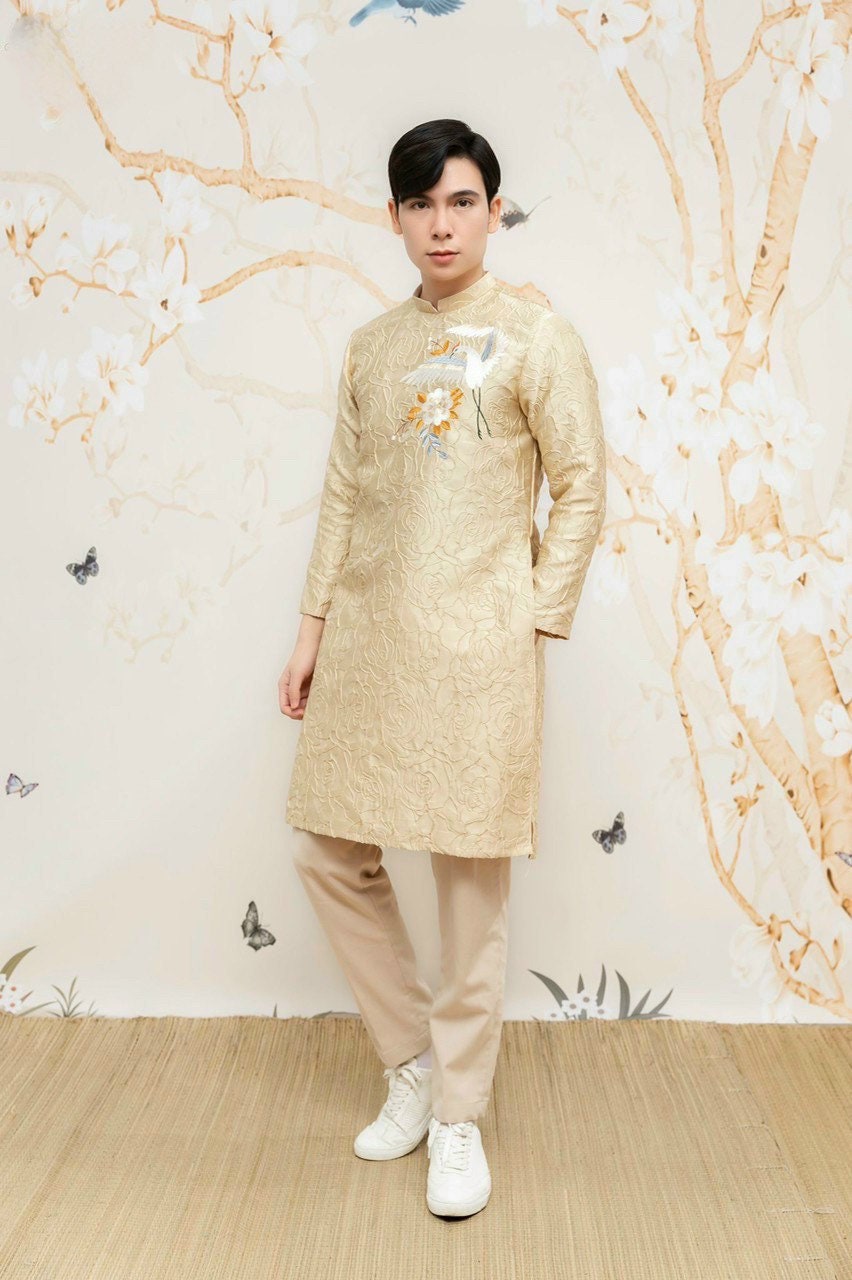 Family GOLD Gam Ao Dai Set (3/4 Sleeves)| Pre-made Traditional Vietnamese Ao Dai | Lunar New Year | Ao Dai for Girl, Mom, Dad, Boy | 11-14D