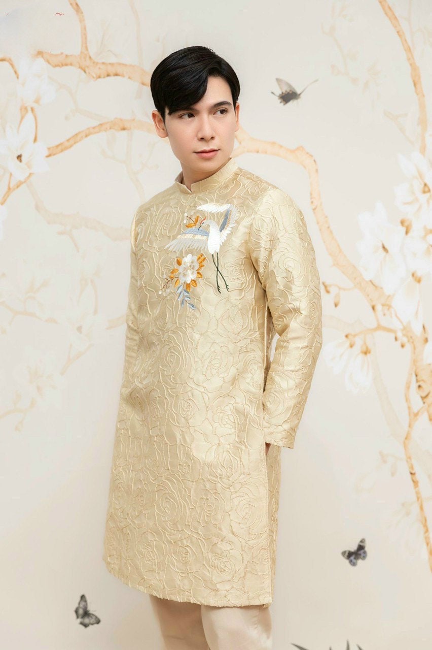 Family GOLD Gam Ao Dai Set (3/4 Sleeves)| Pre-made Traditional Vietnamese Ao Dai | Lunar New Year | Ao Dai for Girl, Mom, Dad, Boy | 11-14D