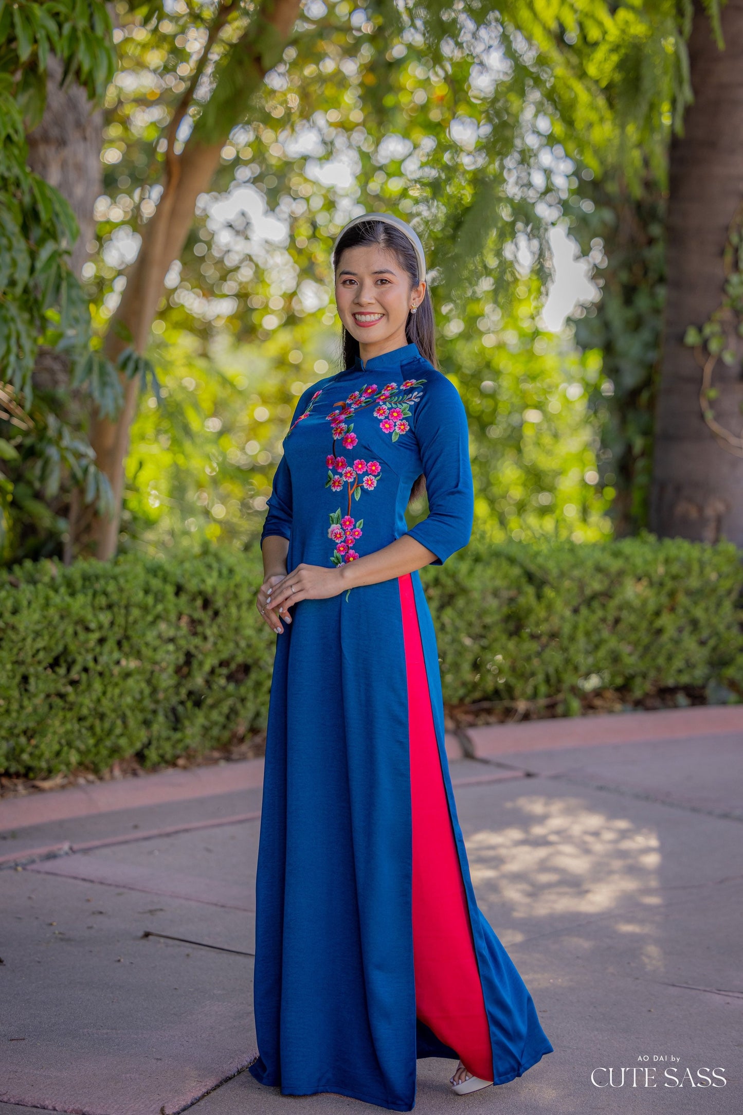 Prussian Blue Embroidery Ao Dai Set