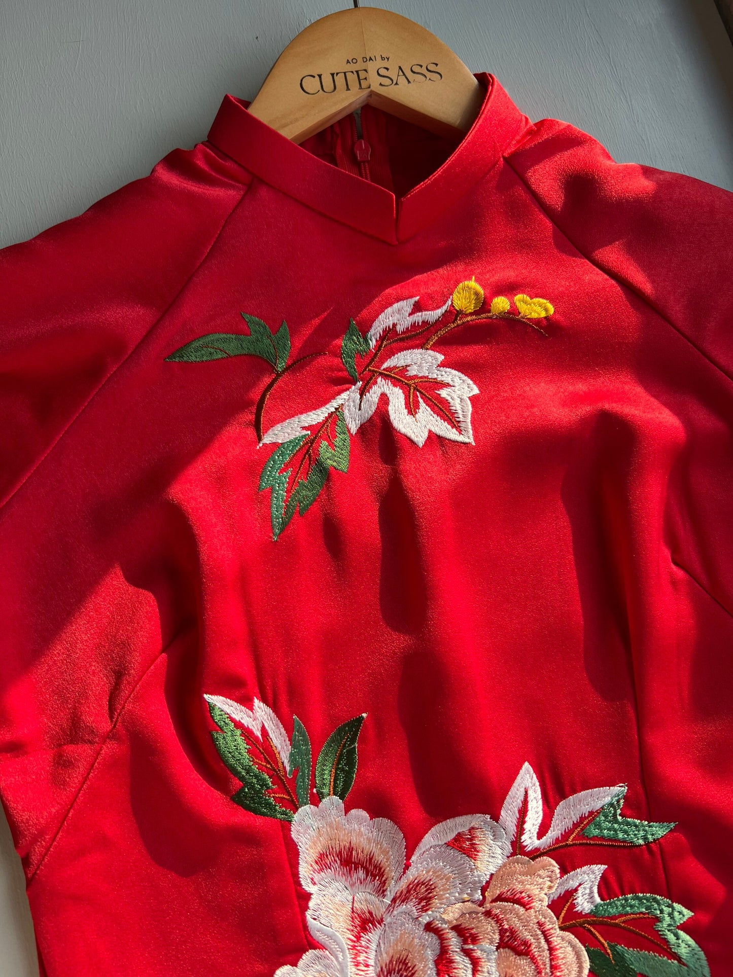 Red Embroidery Peony Ao Dai Set