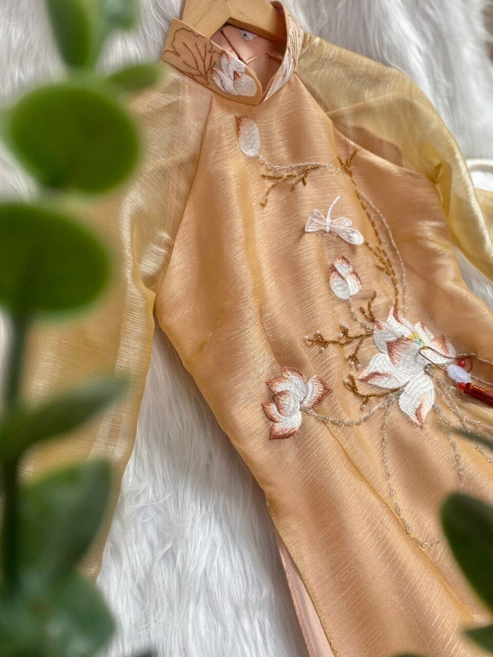 Beige Embroidery Lotus Shiny Chiffon Ao Dai Set