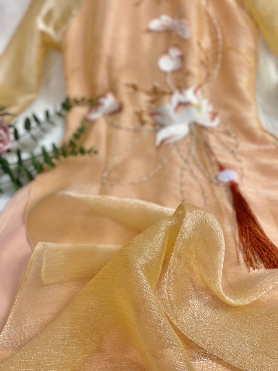 Beige Embroidery Lotus Shiny Chiffon Ao Dai Set