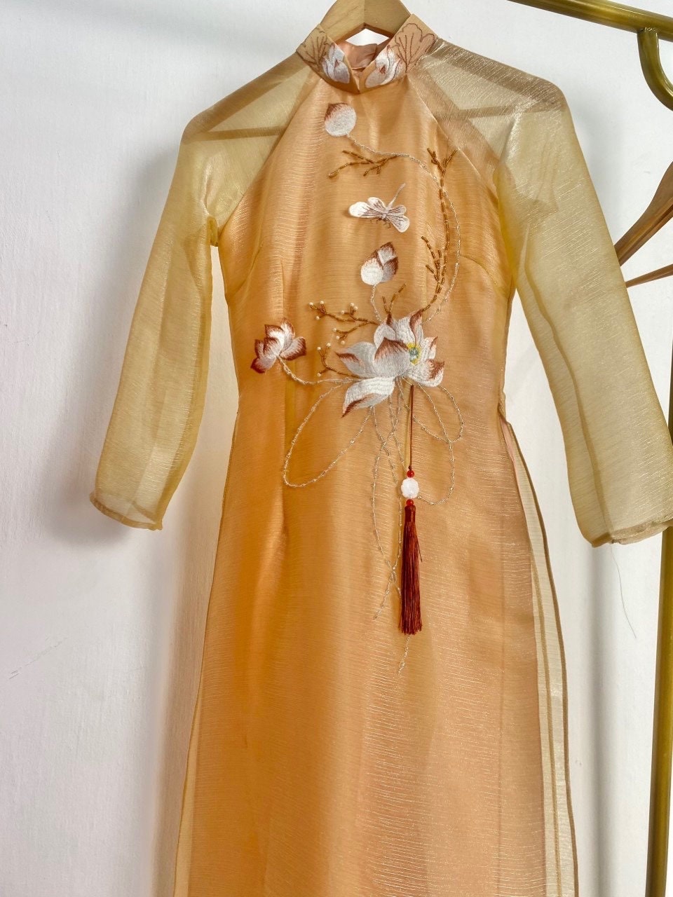 Beige Embroidery Lotus Shiny Chiffon Ao Dai Set