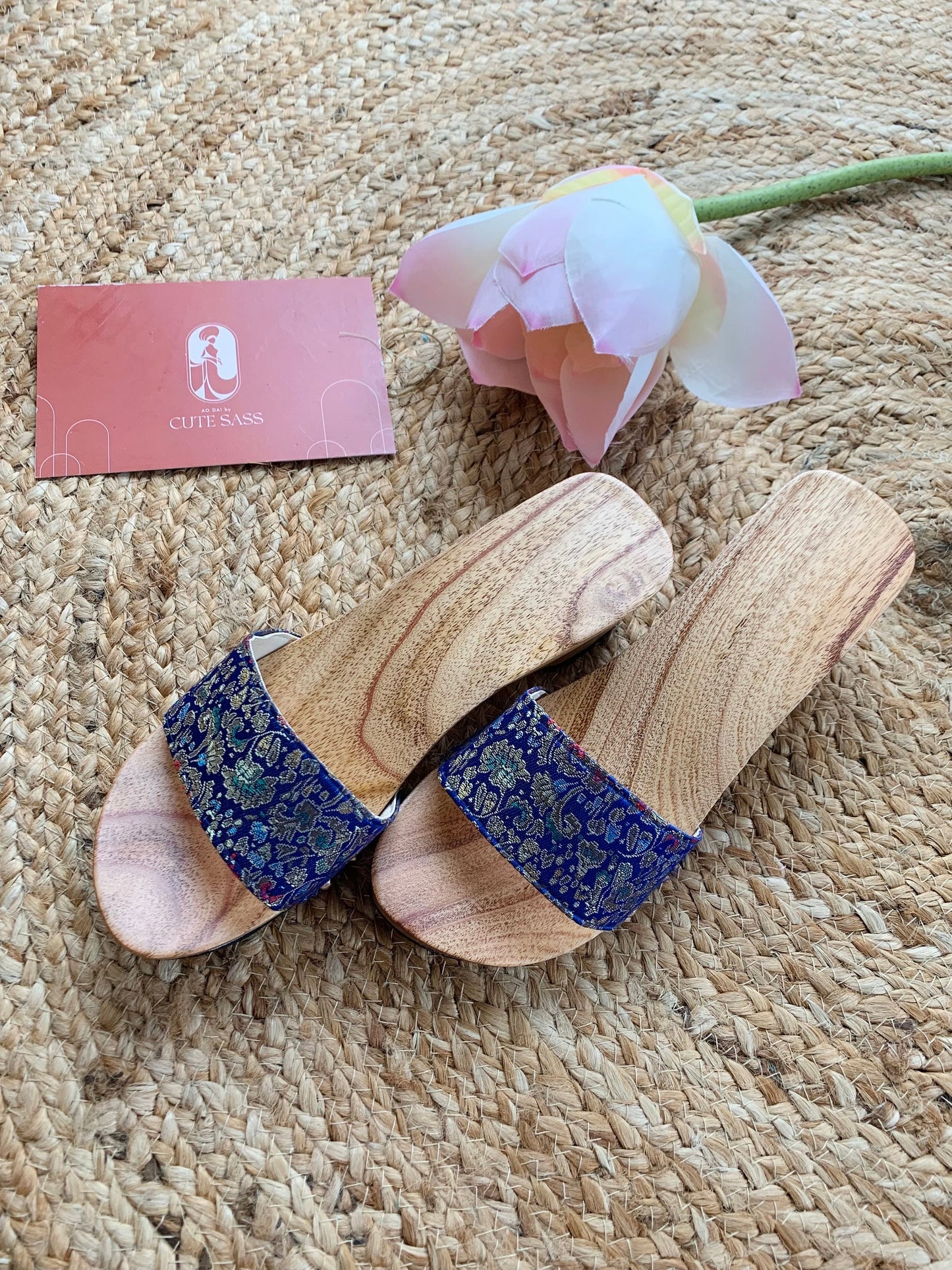 Blue Patterned Guoc Moc - Women Wooden Heels | Pre-made Vietnamese Ao Dai Wood Shoes | Women Traditional Ao Dai Shoes