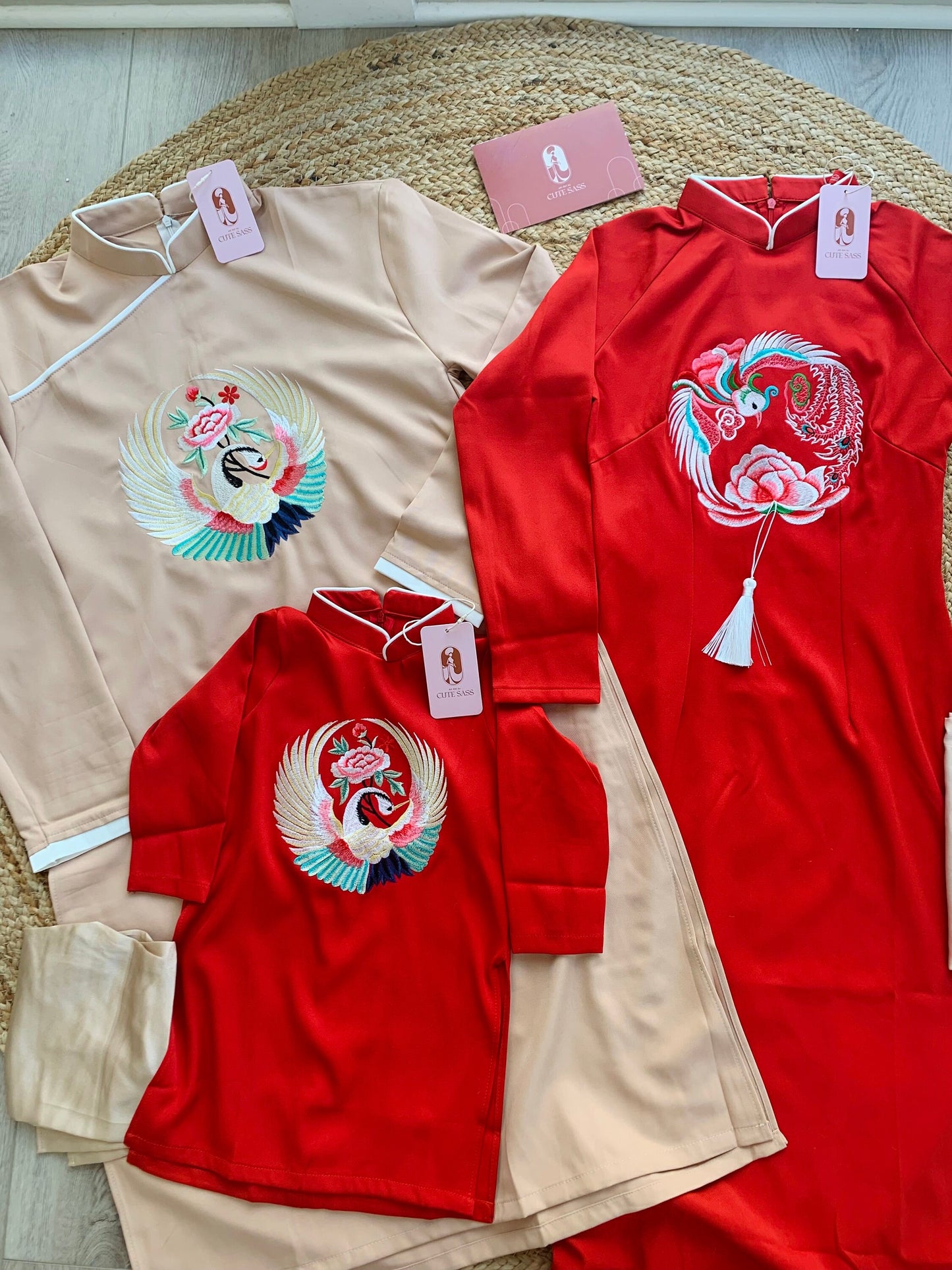 Family Red/Blush Embroidery Ao Dai Set
