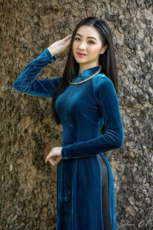Prussian Blue Velvet Ao Dai Top Only, NO PANTS