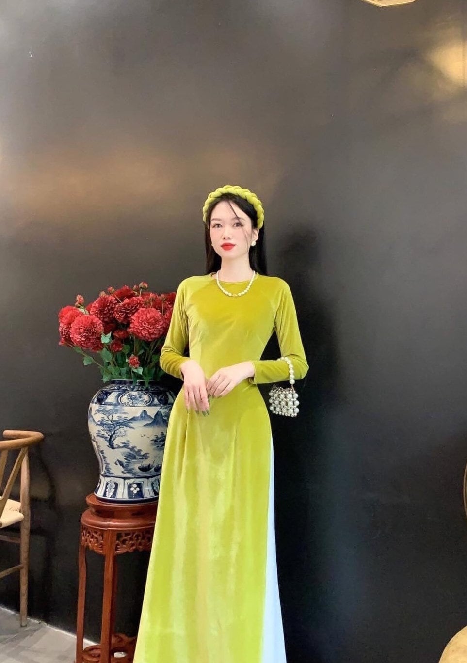 Lime Green Velvet Ao Dai Top Only, NO PANTS 47E Ao Dai by Cute Sass Lime Green Velvet Ao Dai Top Only, NO PANTS 47E Ao Dai by Cute Sass