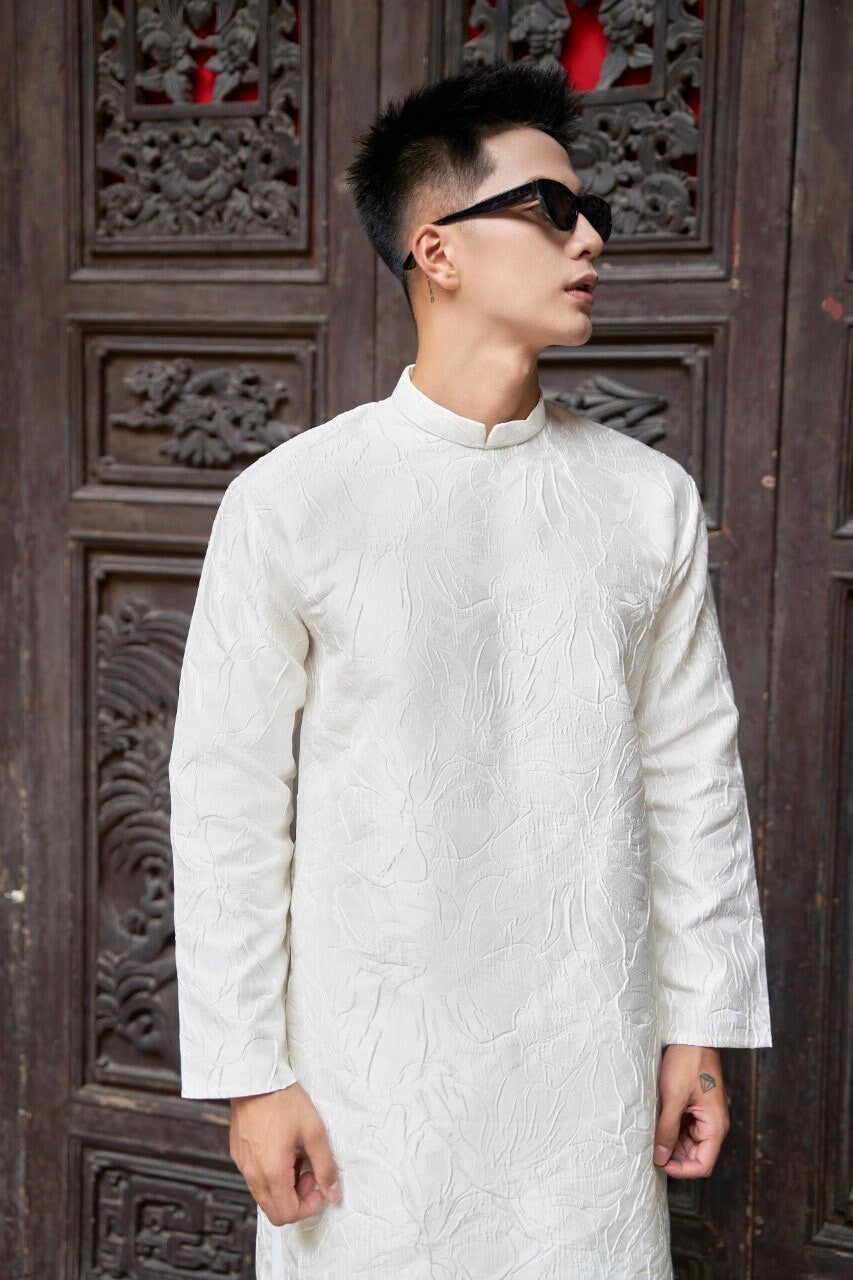 Men White 3D Gam Ao Dai Top