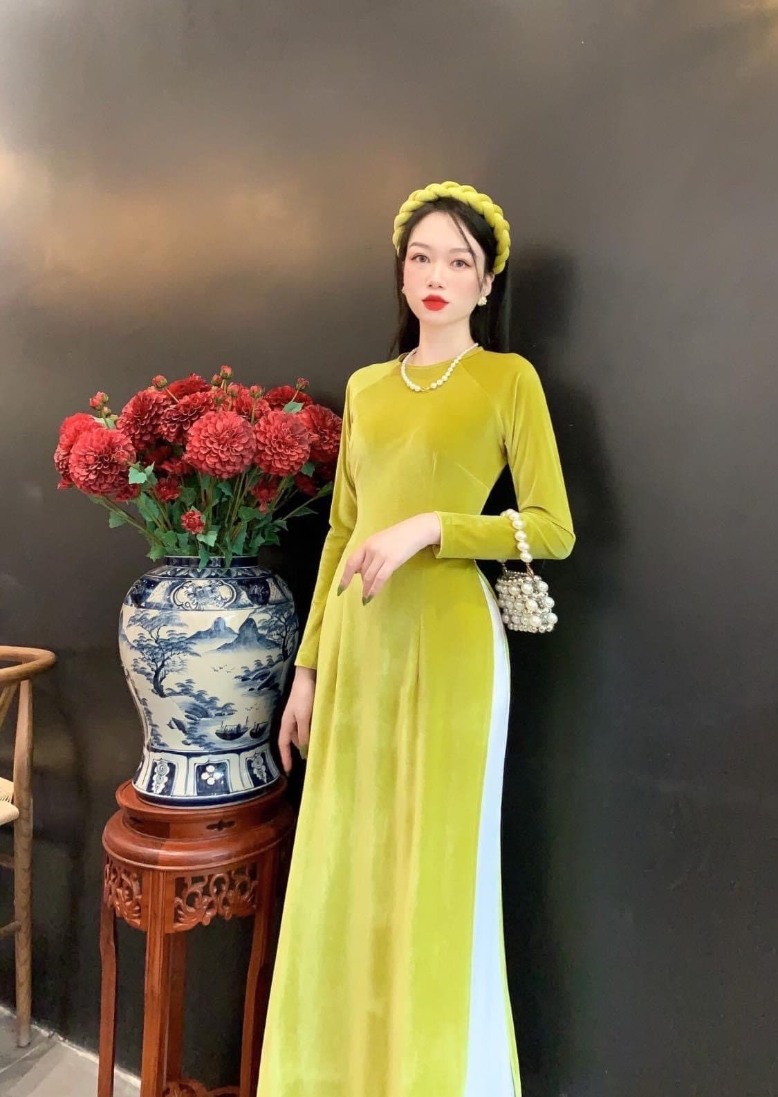 Lime Green Velvet Ao Dai Top Only, NO PANTS