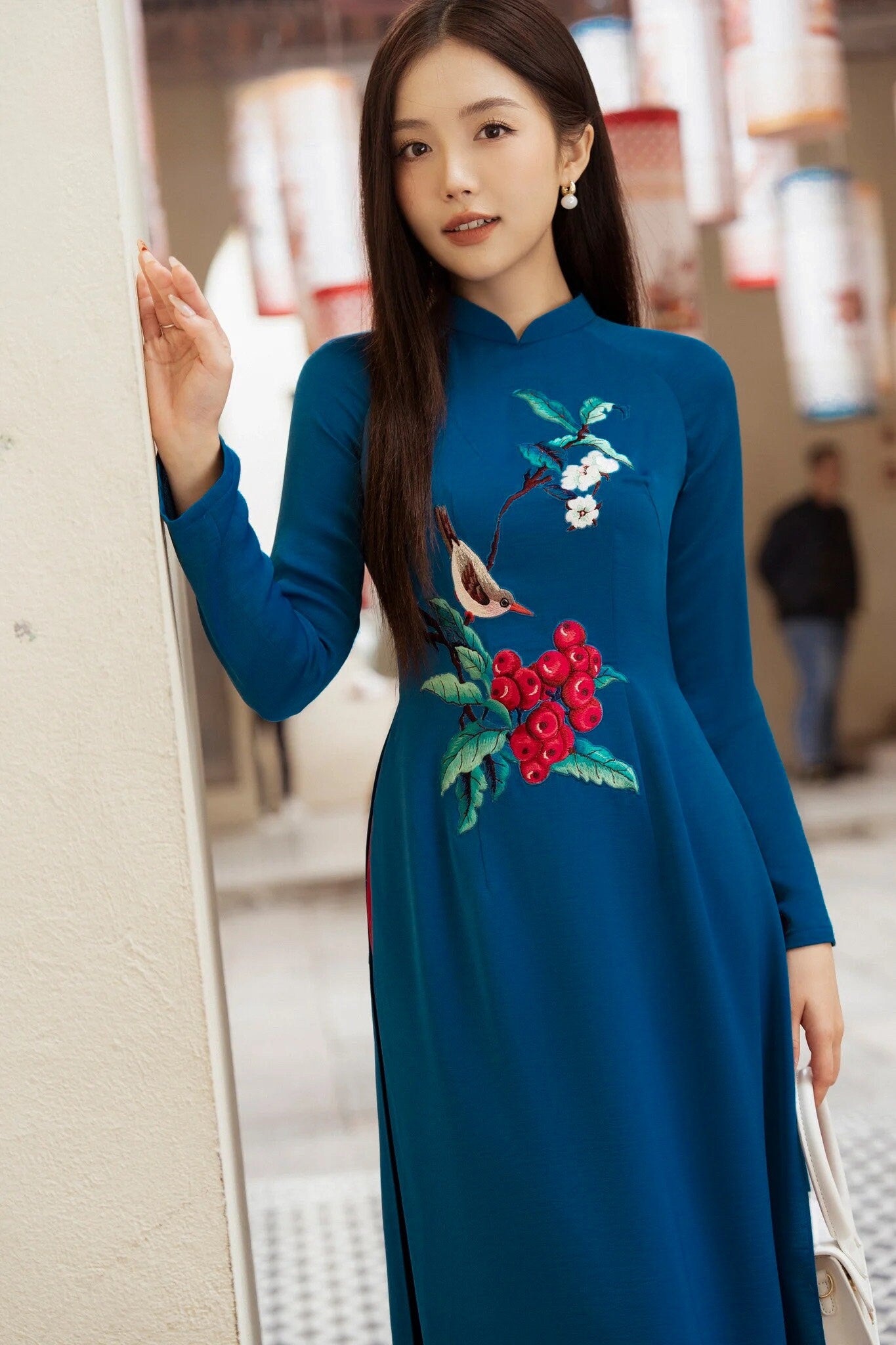 Prussian Blue Embroidery Ao Dai Set