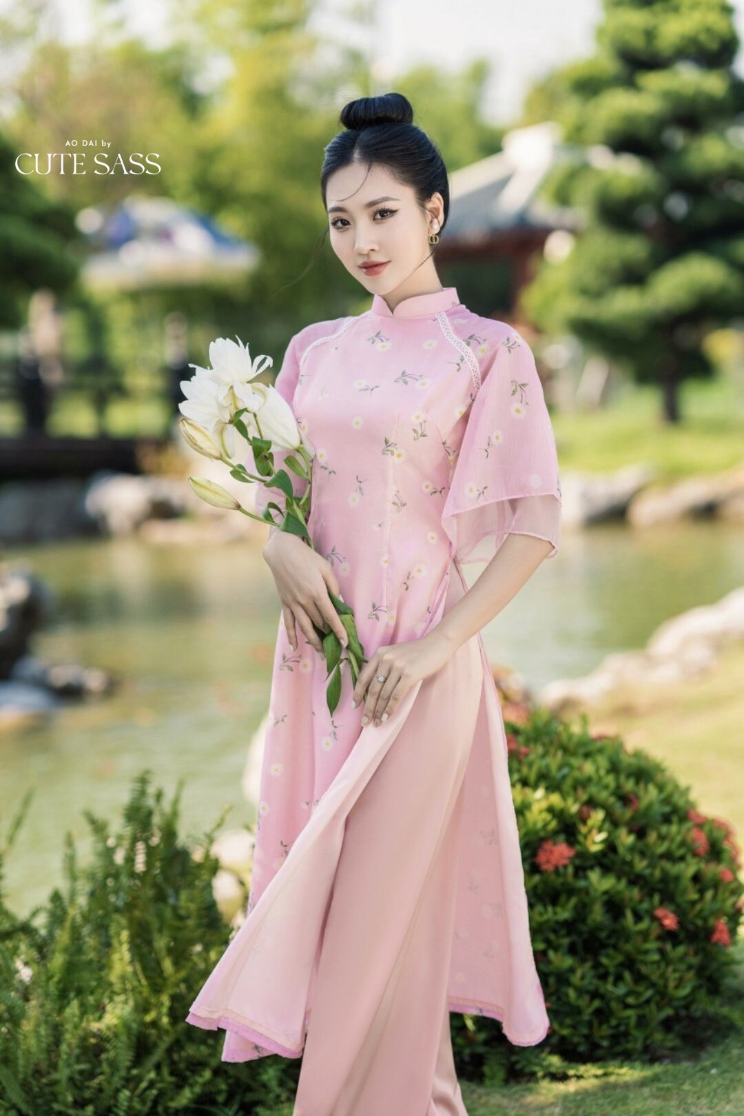Pink Double Sleeve Daisy Ao Dai Set | Pre-made Traditional Vietnamese Ao Dai|Ao Dai with Pants|Lunar New Year Ao Dai|