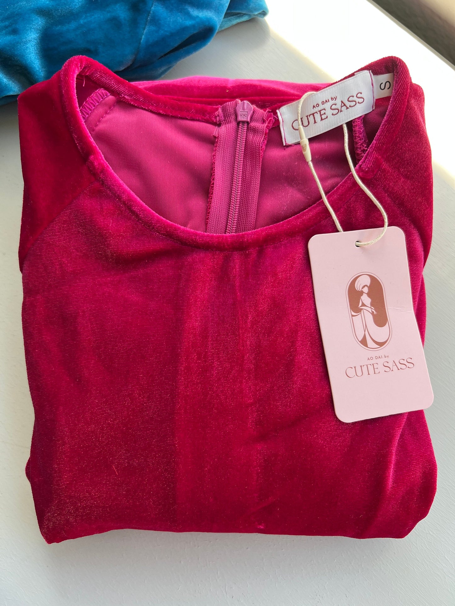 Hot Pink Velvet Plain Ao Dai Top Only, NO PANTS