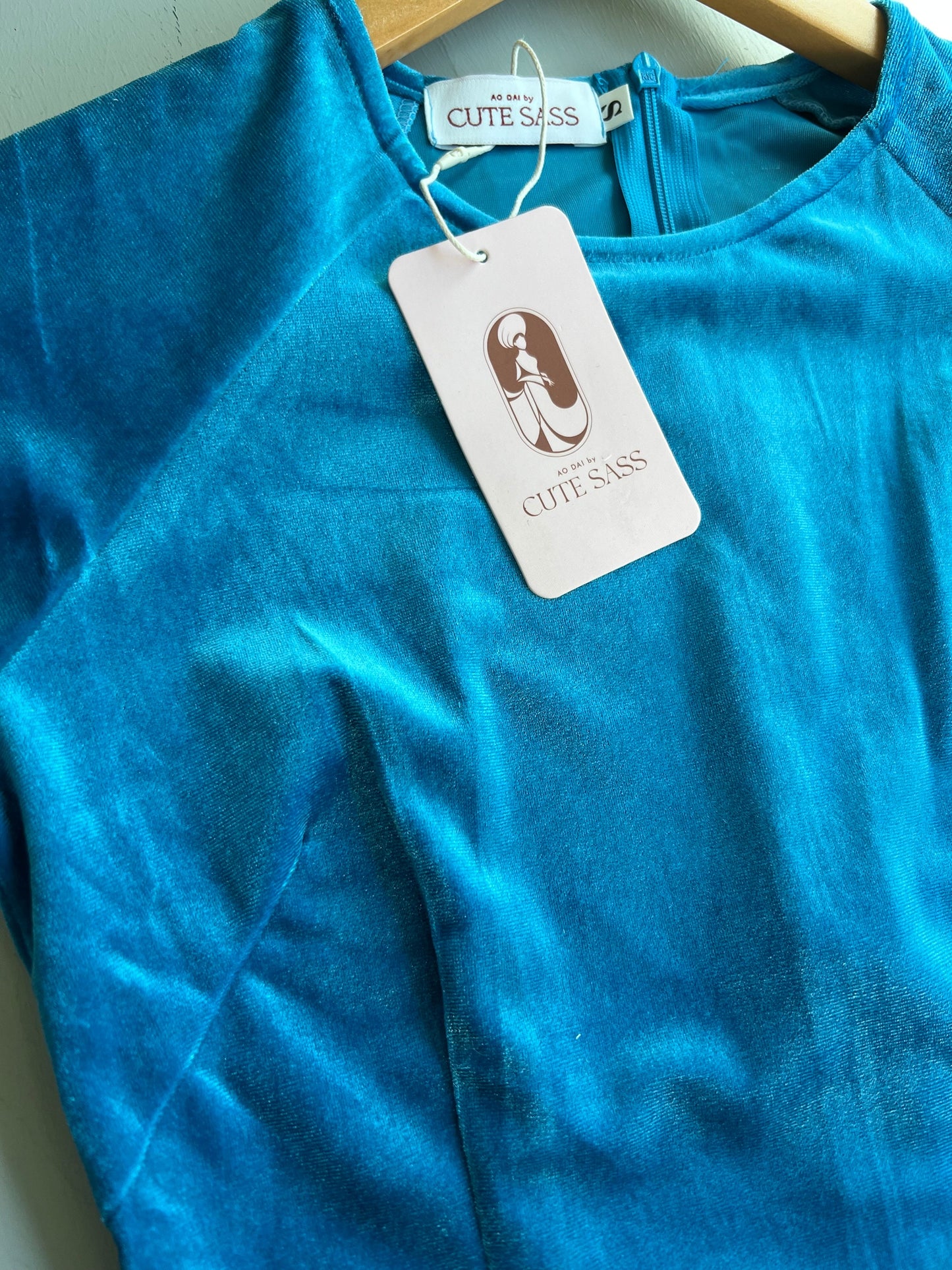 Turquoise Velvet Ao Dai Top Only, NO PANTS
