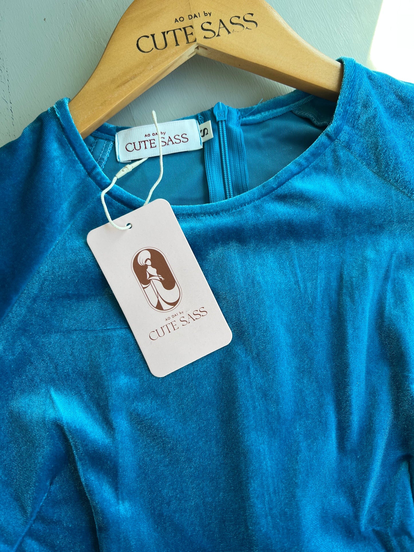 Turquoise Velvet Ao Dai Top Only, NO PANTS